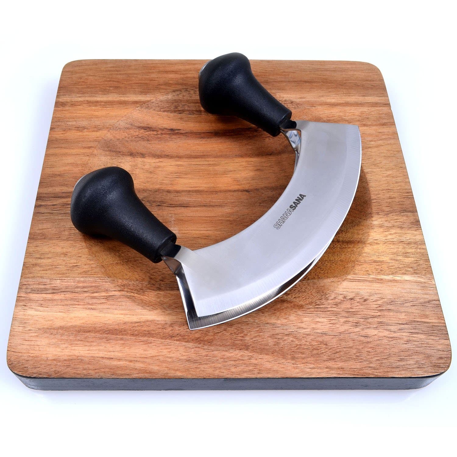 Mezzaluna Chopper Set (Wood Cutting Board Included) Incredibly Sharp Stainless Steel