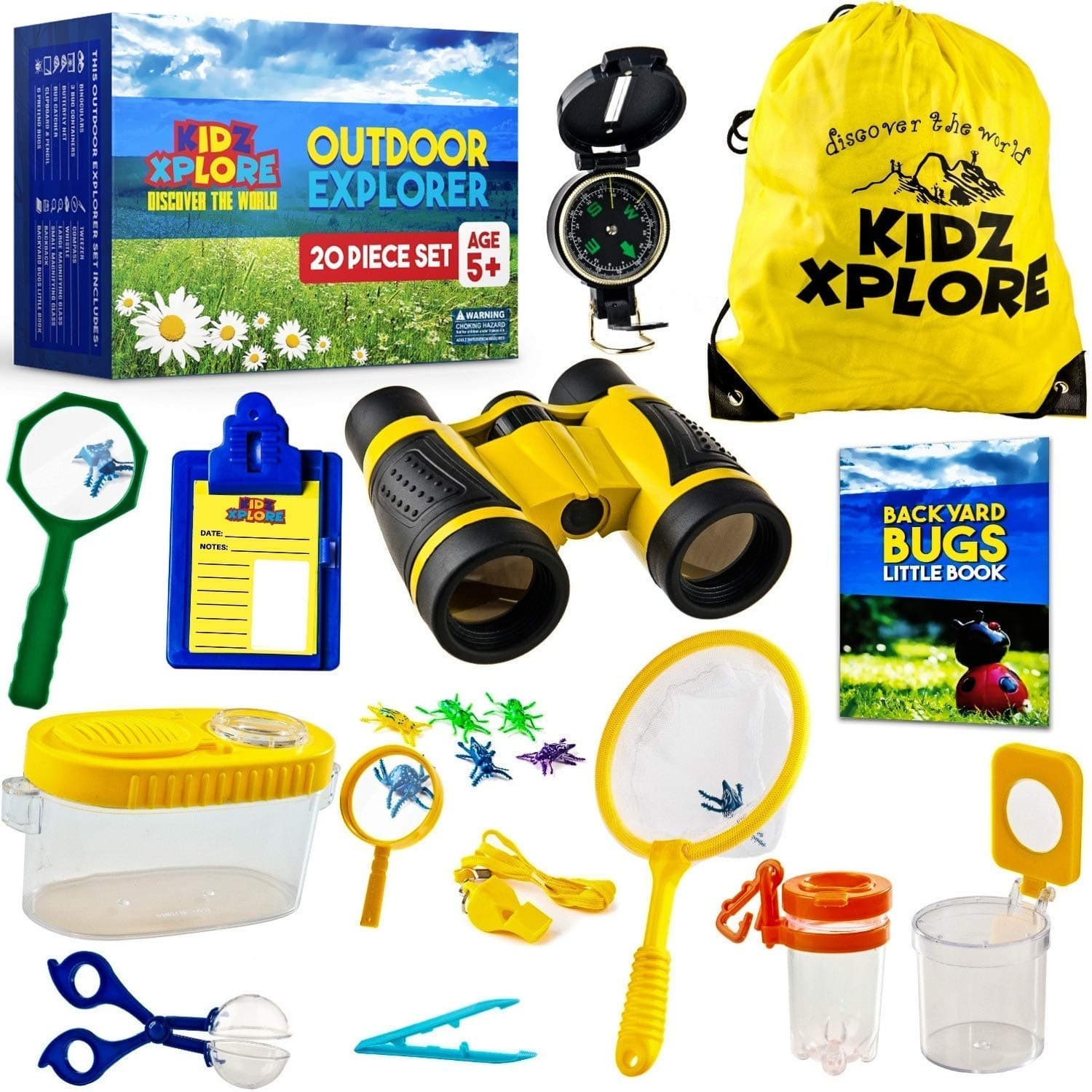Kidz Xplore Outdoor Explorer Set - Bug Catching Kit Nature Exploration Children Outdoor Games Mini Binoculars Kids, Compass, Whistle, Magnifying Glass, Adventure, Hunting, Hiking Educational Toy