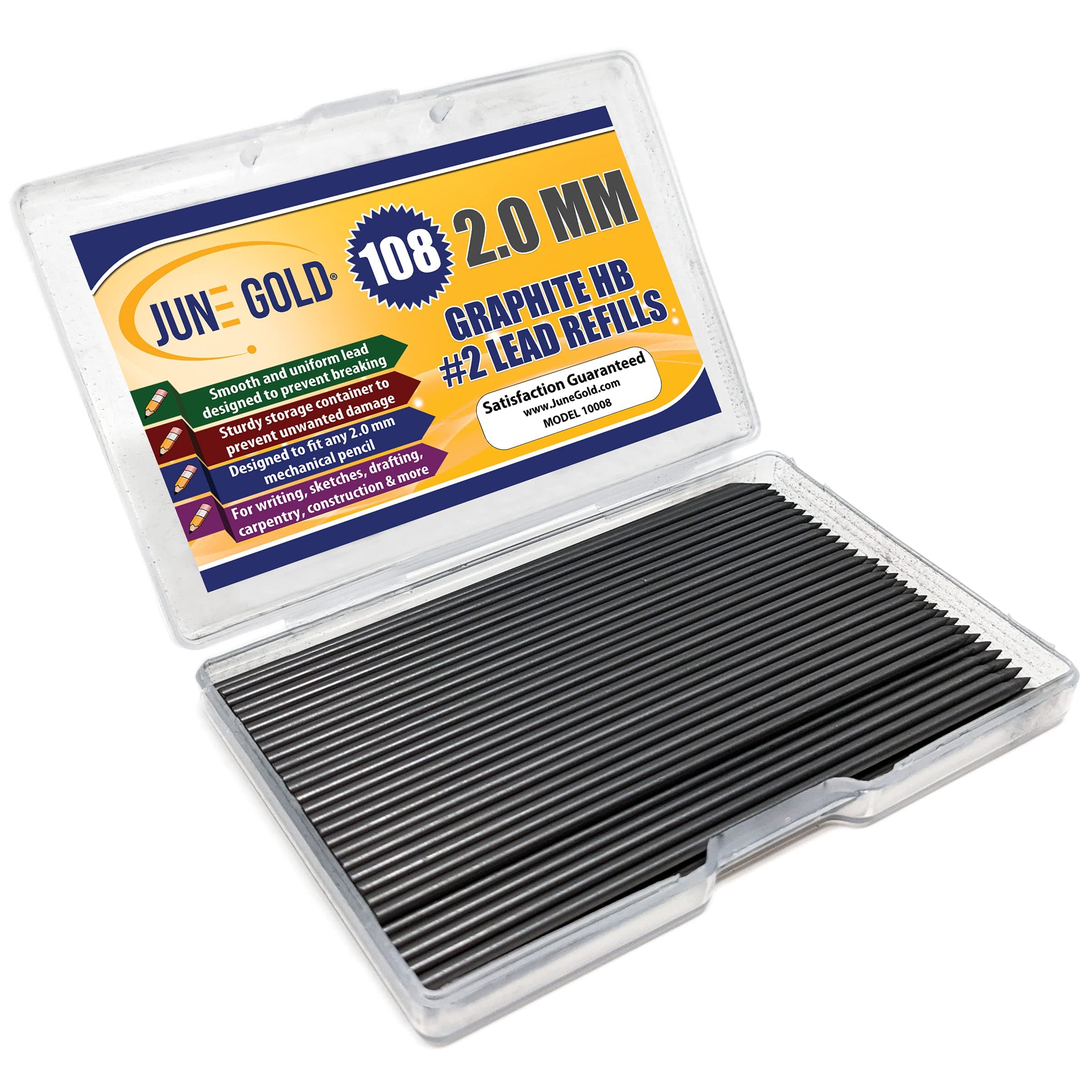 June Gold 36 Pieces, 2.0 mm HB #2 Lead Refills, Extra Bold Thickness, Break Resistant Lead/Graphite