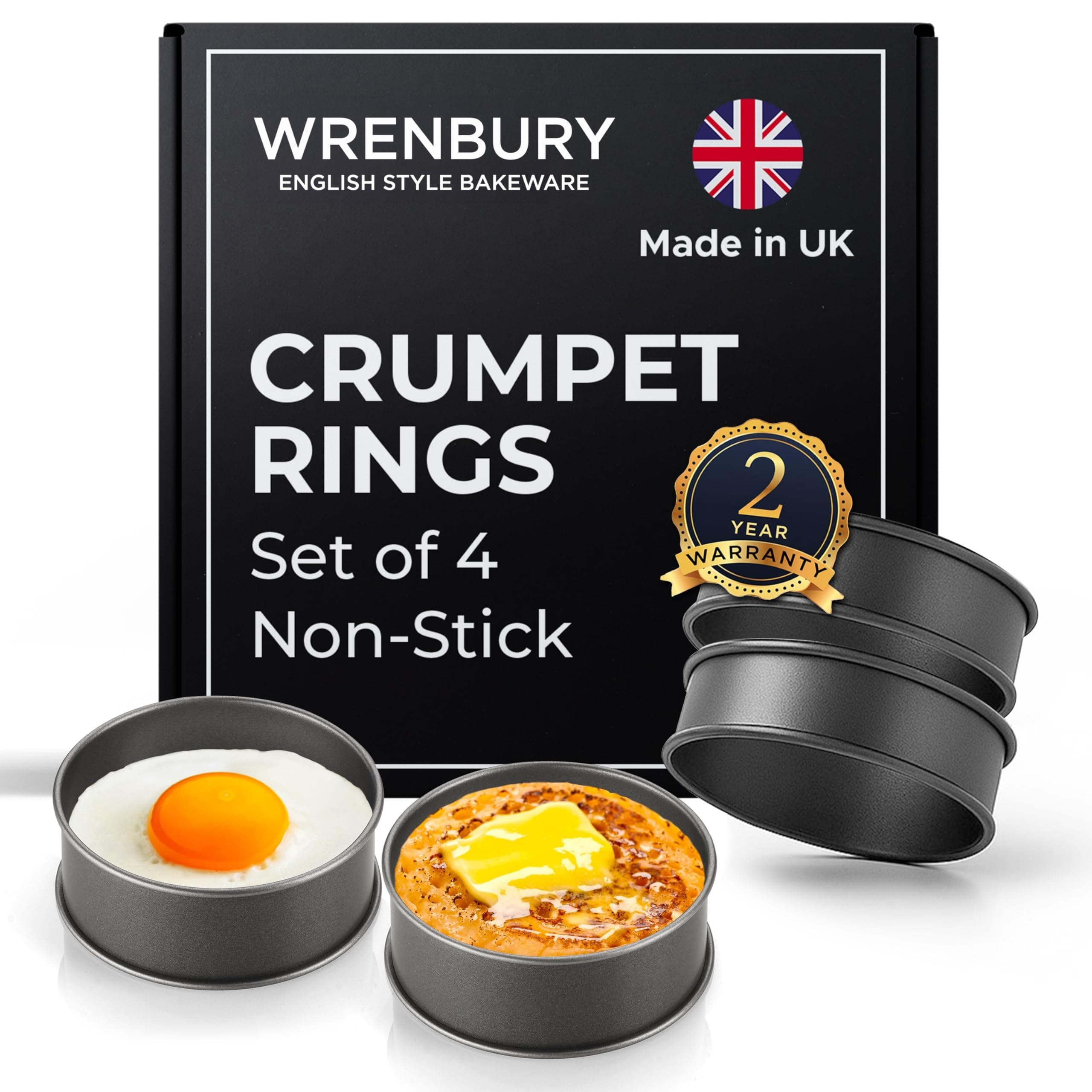 Wrenbury Crumpet Rings - Made in England, Non-Stick Carbon Steel, Set of 4, Egg & Pancake Cooking, Easy Clean