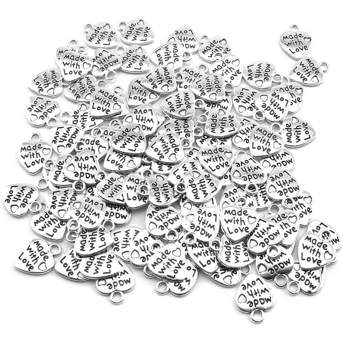 100pcs Heart Shape Charms Handmade Metal Labels Printed Made with Love Tag Labels Carving DIY Craft Necklace Bracelets Keychain Jewelry Making Findings Accessories, 12x10 mm, Metal Silver, No