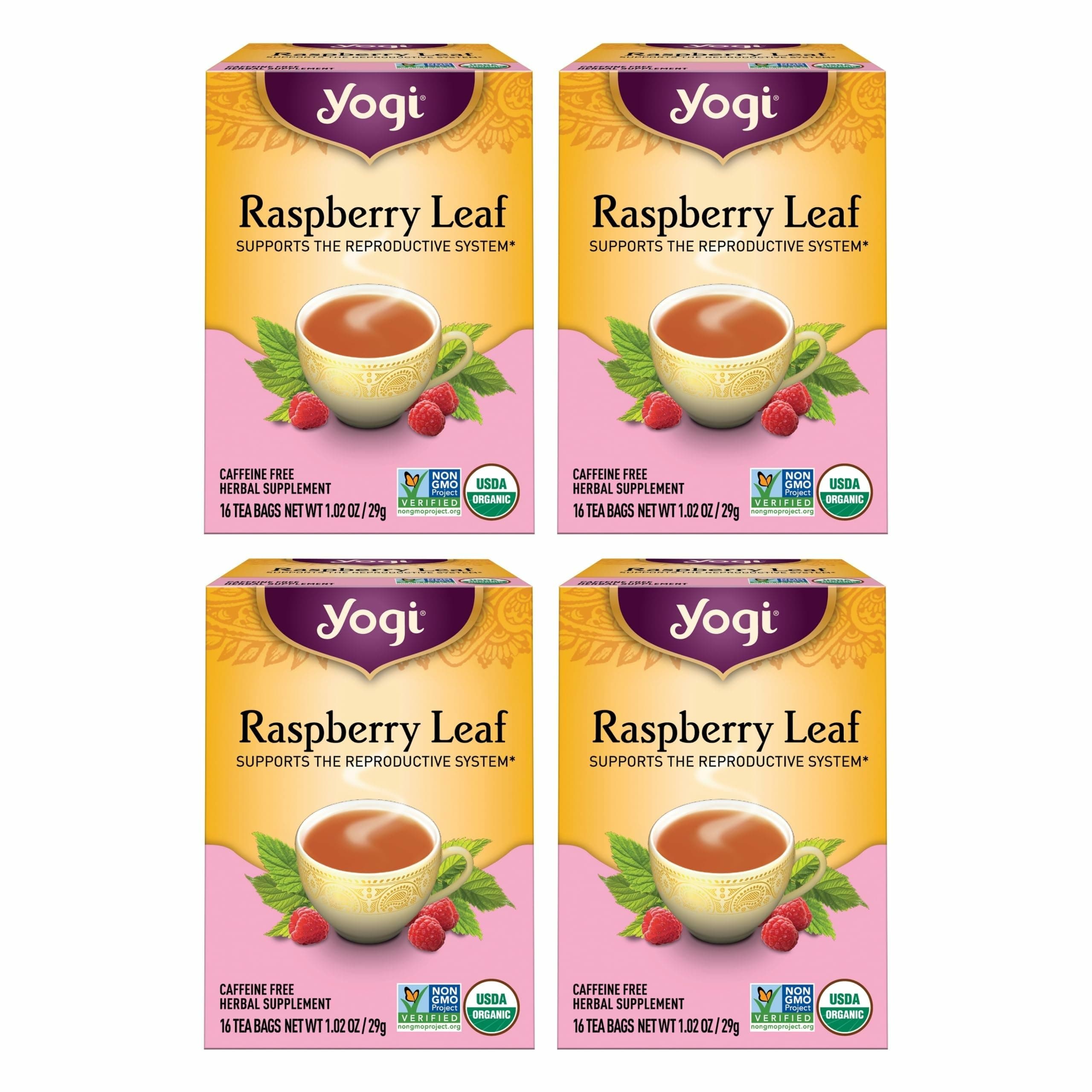 Tea Raspberry Leaf Tea - 16 Bags per Pack (4 Packs) - Caffeine-Free, Organic Raspberry Leaf - Aids Discomfort of Menstruation - Made from Organic Raspberry Leaves