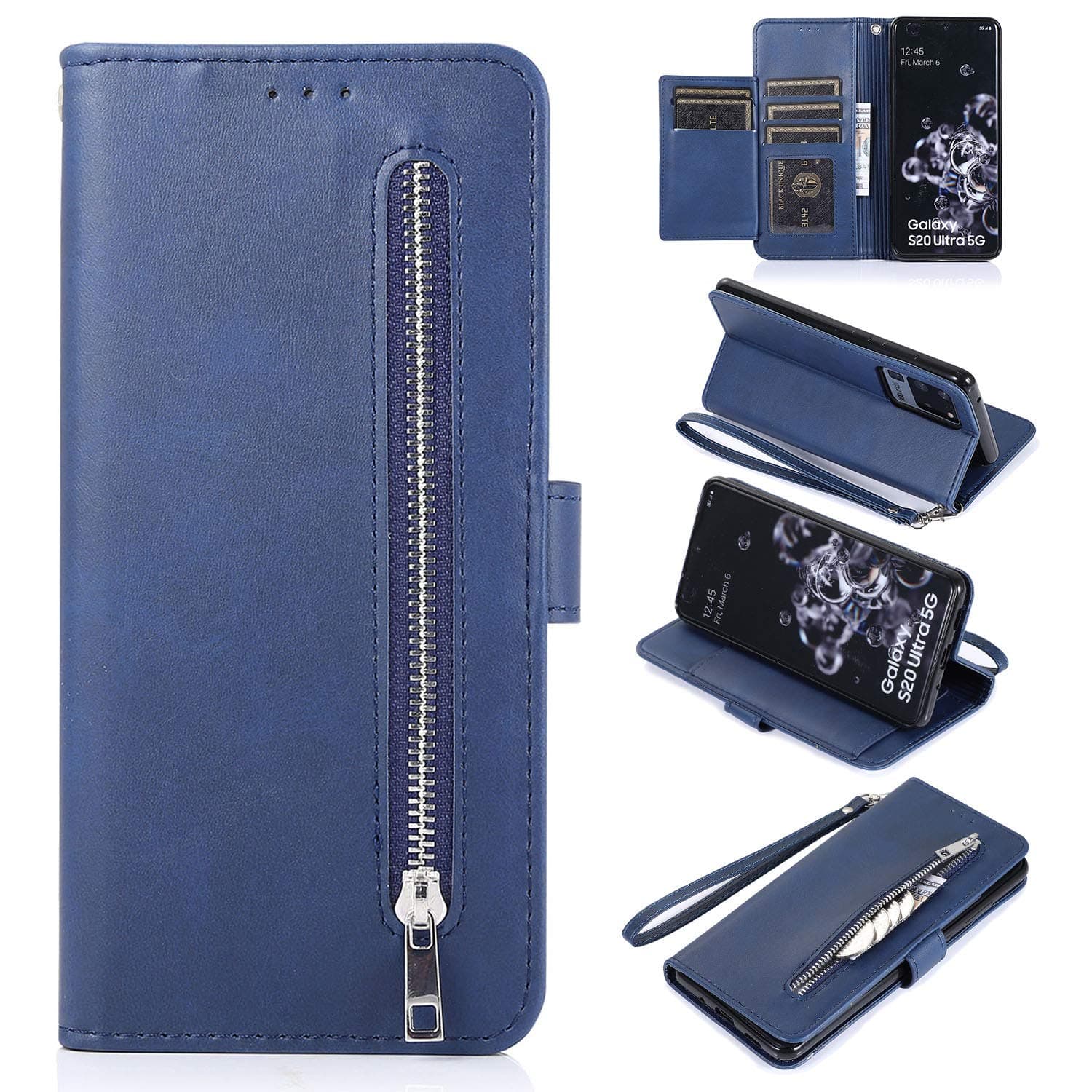 EYZUTAK Wallet Case for Samsung Galaxy A51, 5 Card Slots Magnetic Closure Zipper Pocket Handbag PU Leather Flip Case with Wrist Strap TPU Kickstand Cover for Samsung Galaxy A51 - Blue