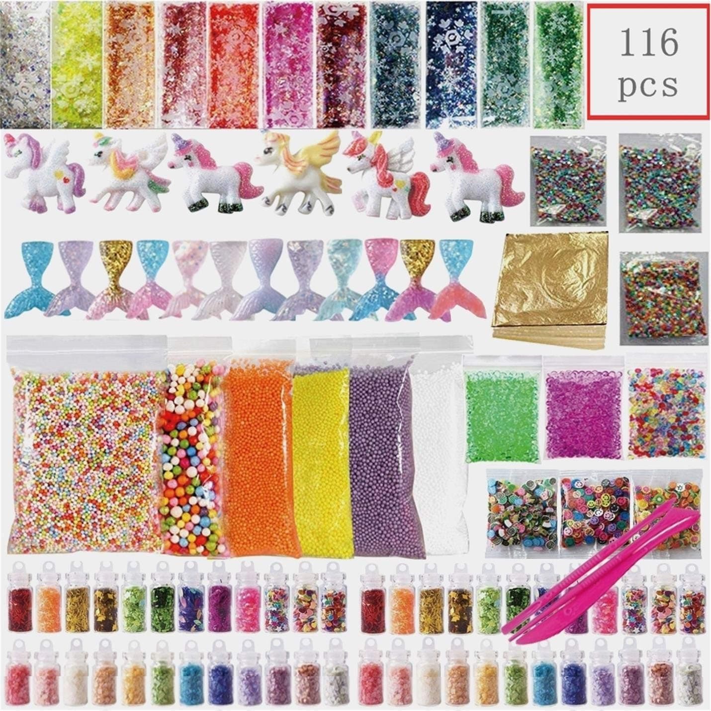 116 Pack Slime Making Kits Supplies, Colored Foam Balls, Resin Accessories, Fish Tank Beads, Fruit Slices, Glitter Sequin Accessories, Slime Tools, Sugar Paper (Sticker kit)
