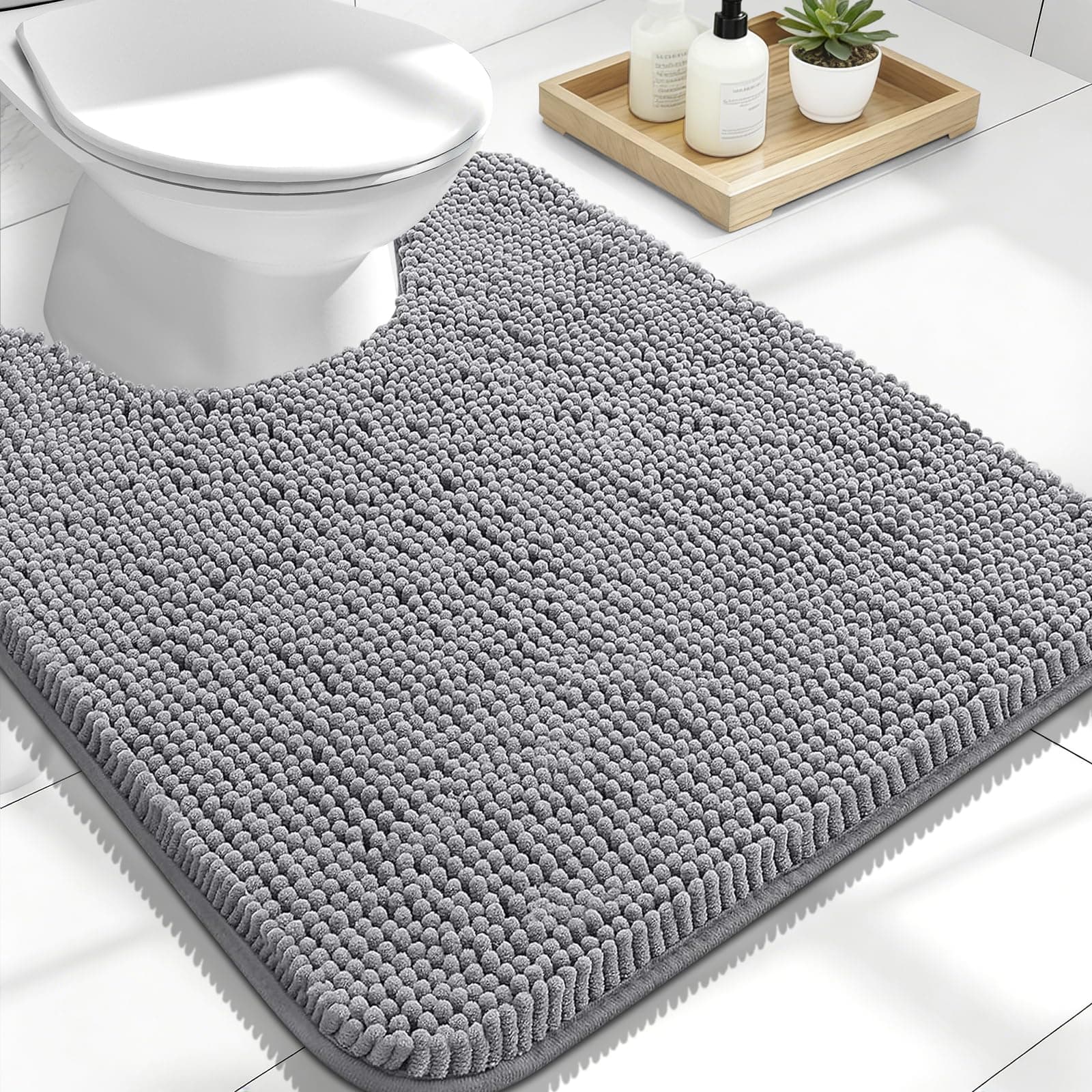 Toilet Rugs U-Shaped 24x20, Extra Soft Absorbent Chenille Contour Bathroom Rugs for Toilet, Dry Quickly, Machine Washable, Non-Slip Bath Mat, Grey