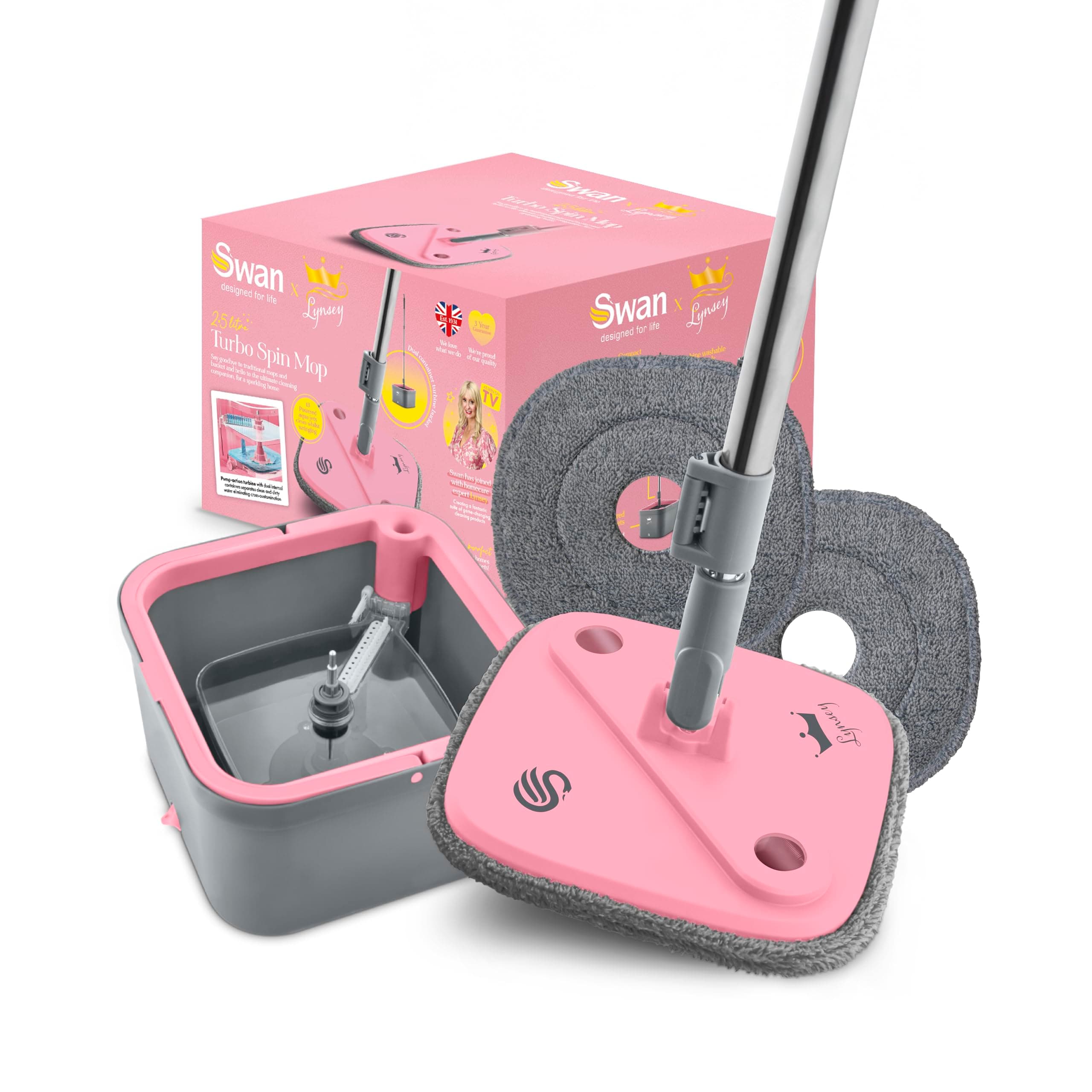 Swan x Lynsey TV's Queen of Clean Turbo Spin Mop, Clean and Dirty Water Seperation, Effortless Wringing, 2 x Washable Microfibre Pads, Collapsible Handle, Ergonomic Design, Pink & Grey, SWFC1002QOCN