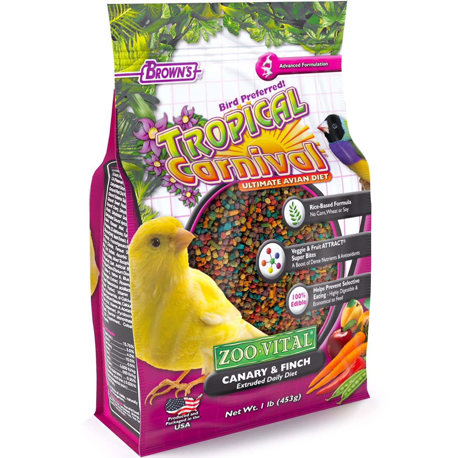 F.M. Brown's Tropical Carnival Zoo-Vital Canary and Finch Pellet Daily Diet with Probiotics for Healthy Digestion, Grain-Free, Rice-Based Formula, 100% Edible, Prevents Selective Eating - 1lb