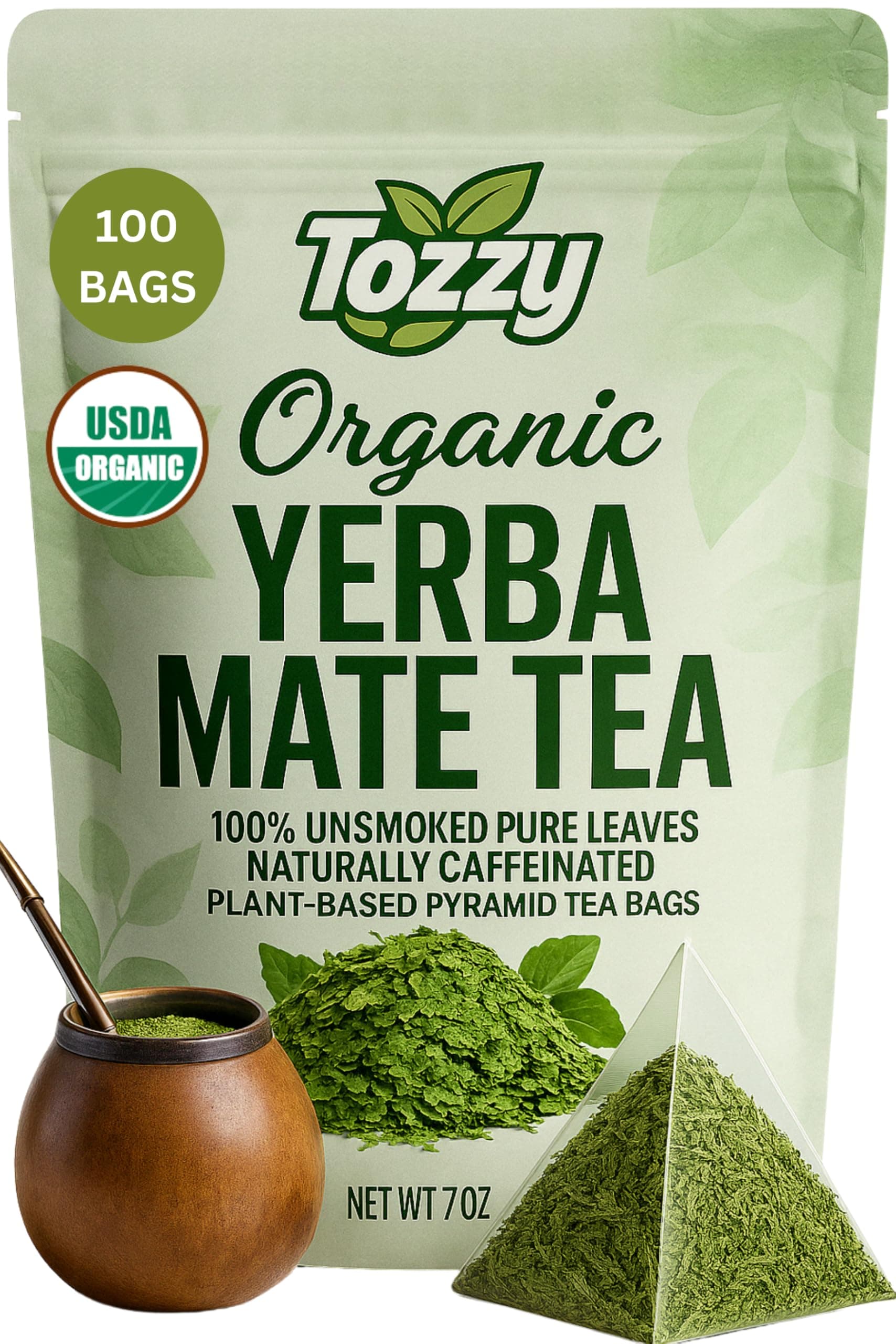 Tozzy Organic Unsmoked Yerba Mate Tea – 100 Count, Plant-Based Pyramid Tea Bags