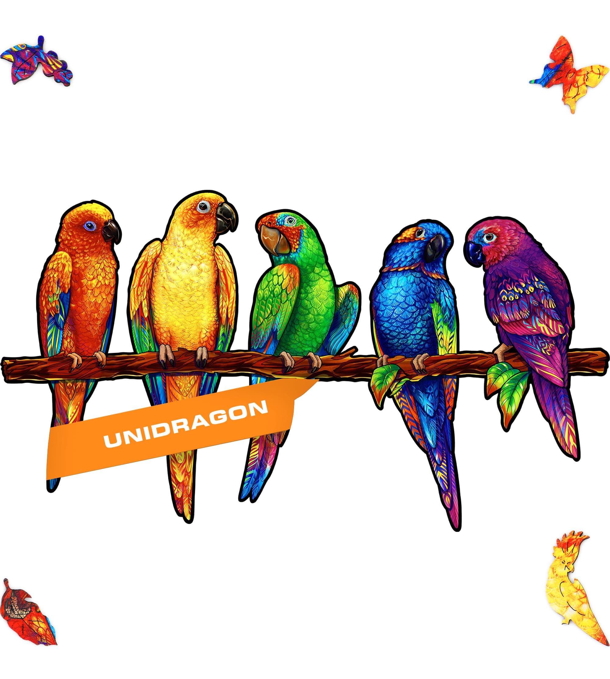 Playful Parrots Animal Wooden Jigsaw Puzzle for Adults - 193 Unique Shaped Pieces - Medium 17.3 x 9.8 in (44 x 25 cm)