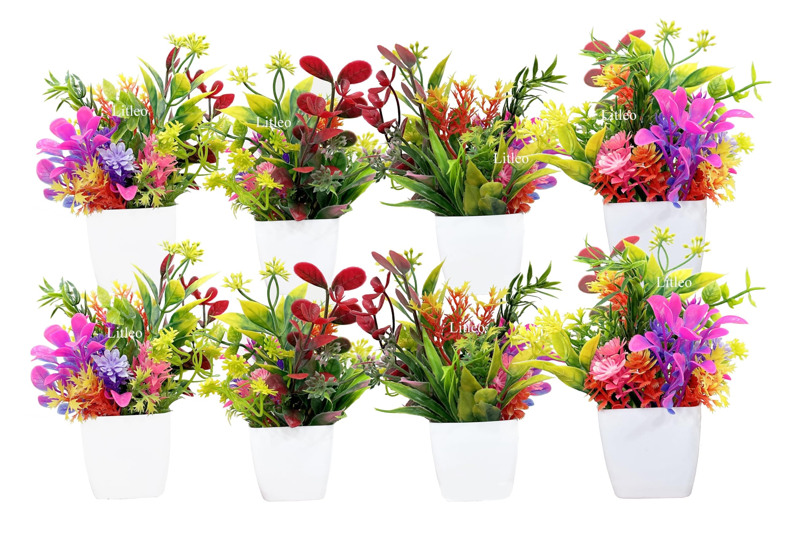 Litleo Artificial Flowers Mini Fake Potted Plants, Small Eucalyptus Potted Multi Design Mix Color Grass Plant with White Pot for Home Decor, Indoor, Office, Desk, Shelf, Table Decoration (Pack of 8)