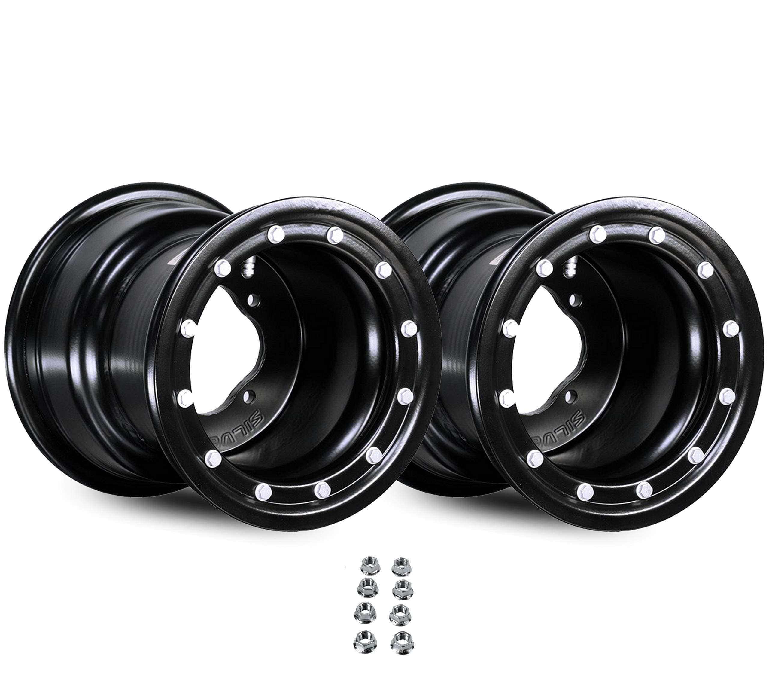 Set of 9x8 3+5 4x110 Beadlock Goldspeed Silver Tec ATV Wheel Rim with OEM lug nuts for Honda TRX 250 250EX 250R 250X 300 300EX 400EX 450R (Black)
