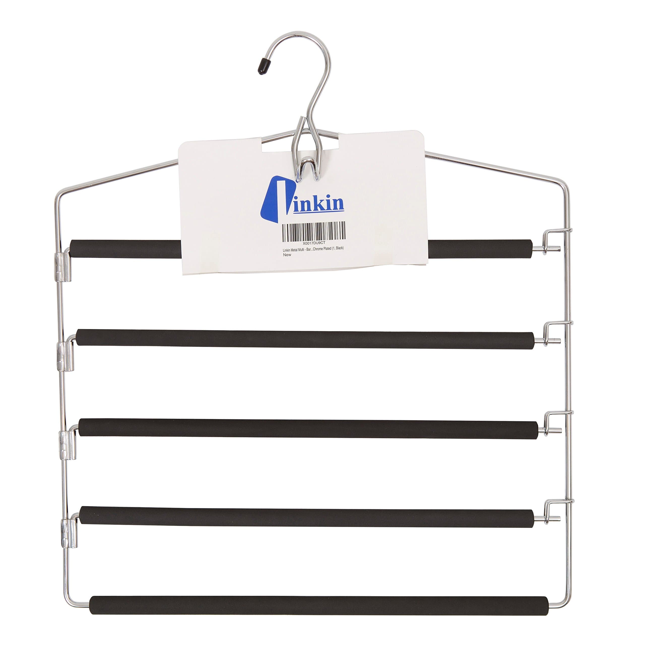LINKIN Multi Bar Metal Pants & Trouser Hanger, Foam Coating Keeps Trouser Un-Creased, Swing Arm for Easy Access, Black Foam/Chrome Plated Metal with Hook for Belt(1, Black)