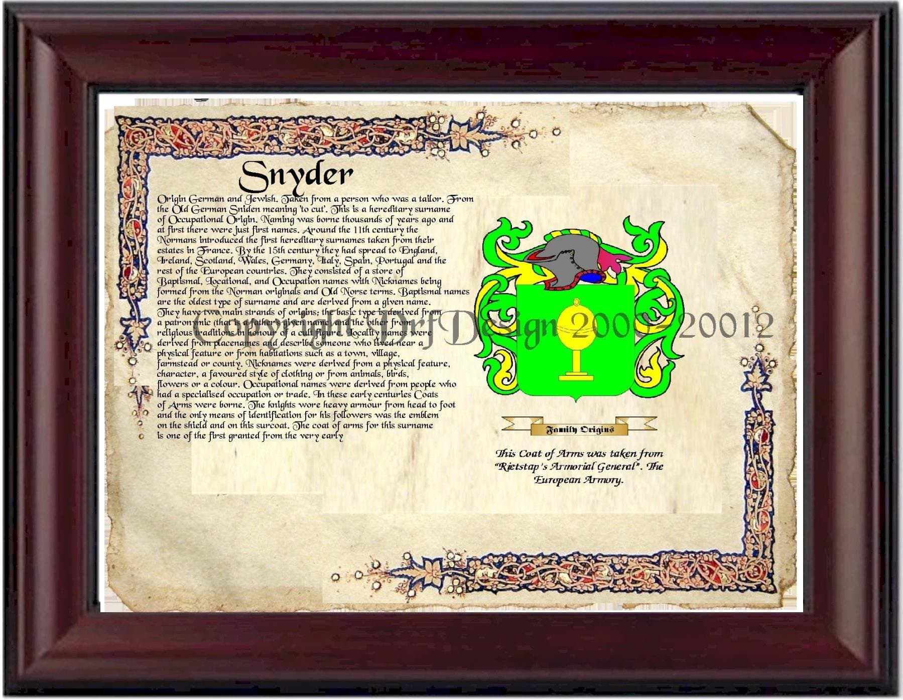 Snyder Coat of Arms/ Family Crest on Fine Paper and Family History