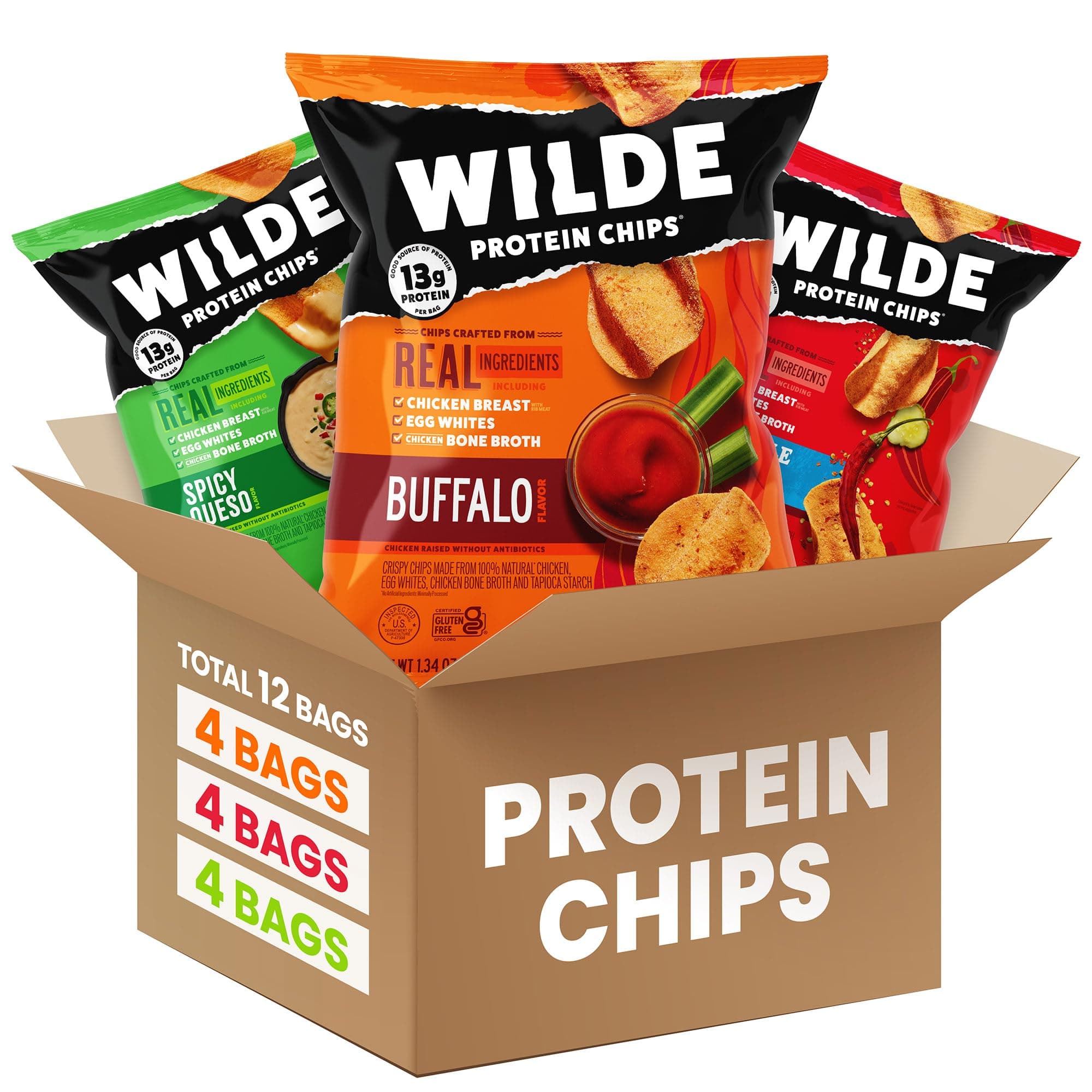 - WILDE Protein Chips Spicy Variety Pack, Buffalo, Spicy Queso, Nashville Hot, Gluten Free Keto Chips Made With Real Ingredients, Protein Snacks, Pack of 12
