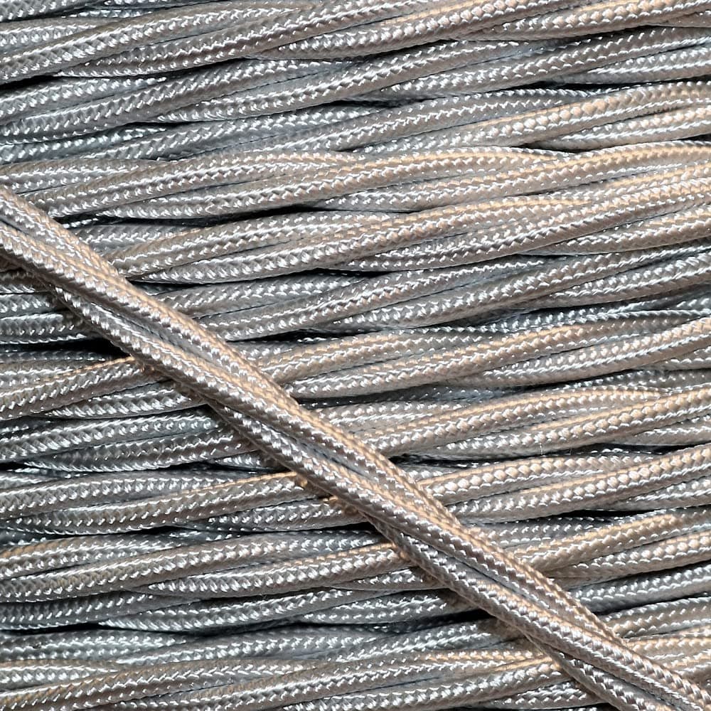PRE-CUT 1 Meter Length Vintage Styled British Silver Coloured Cloth Covered Braided Twist Flex - Electric Cable 3 Core; Electrical Wire 3Amp; Lighting Flex 0.50mm