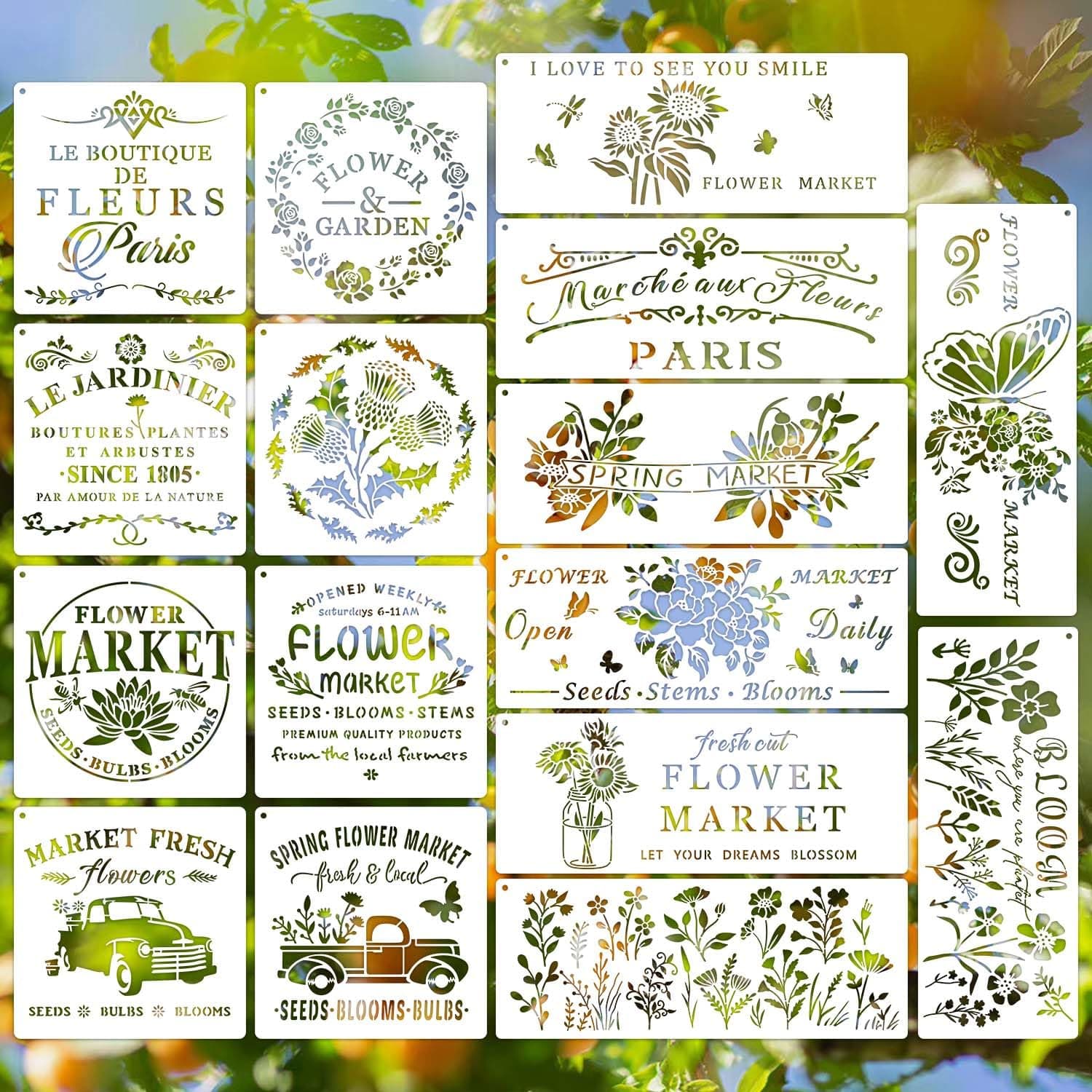 Flower Market Stencil, Large Spring Wildflower Stencils Farmhouse Stencils for Painting on Wood, Craft Template Wood Burning Stencil for Garden Canvas Sign Wall Home Decor(Flower)