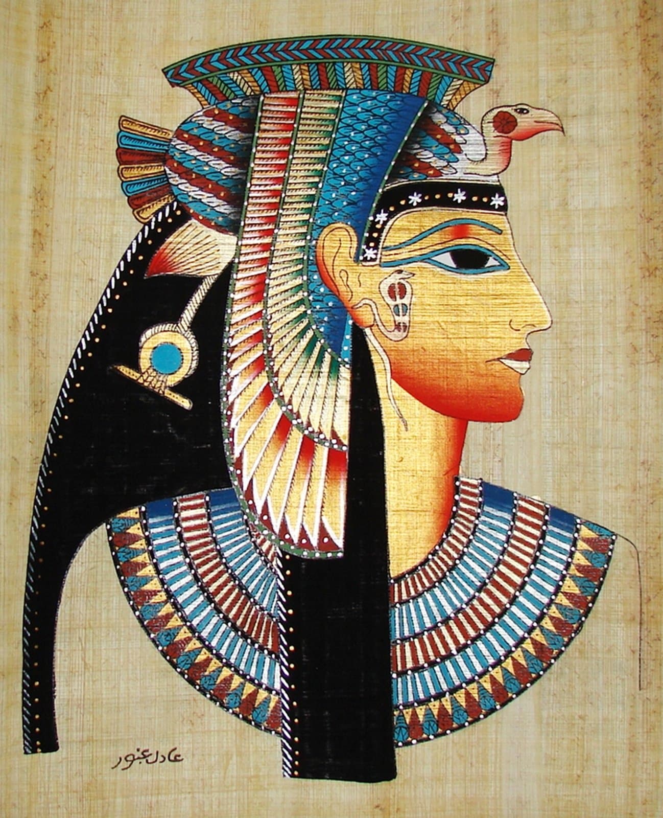 Egyptian Hand-Painted Papyrus Artwork (Imported): Bust of Queen Nefertari
