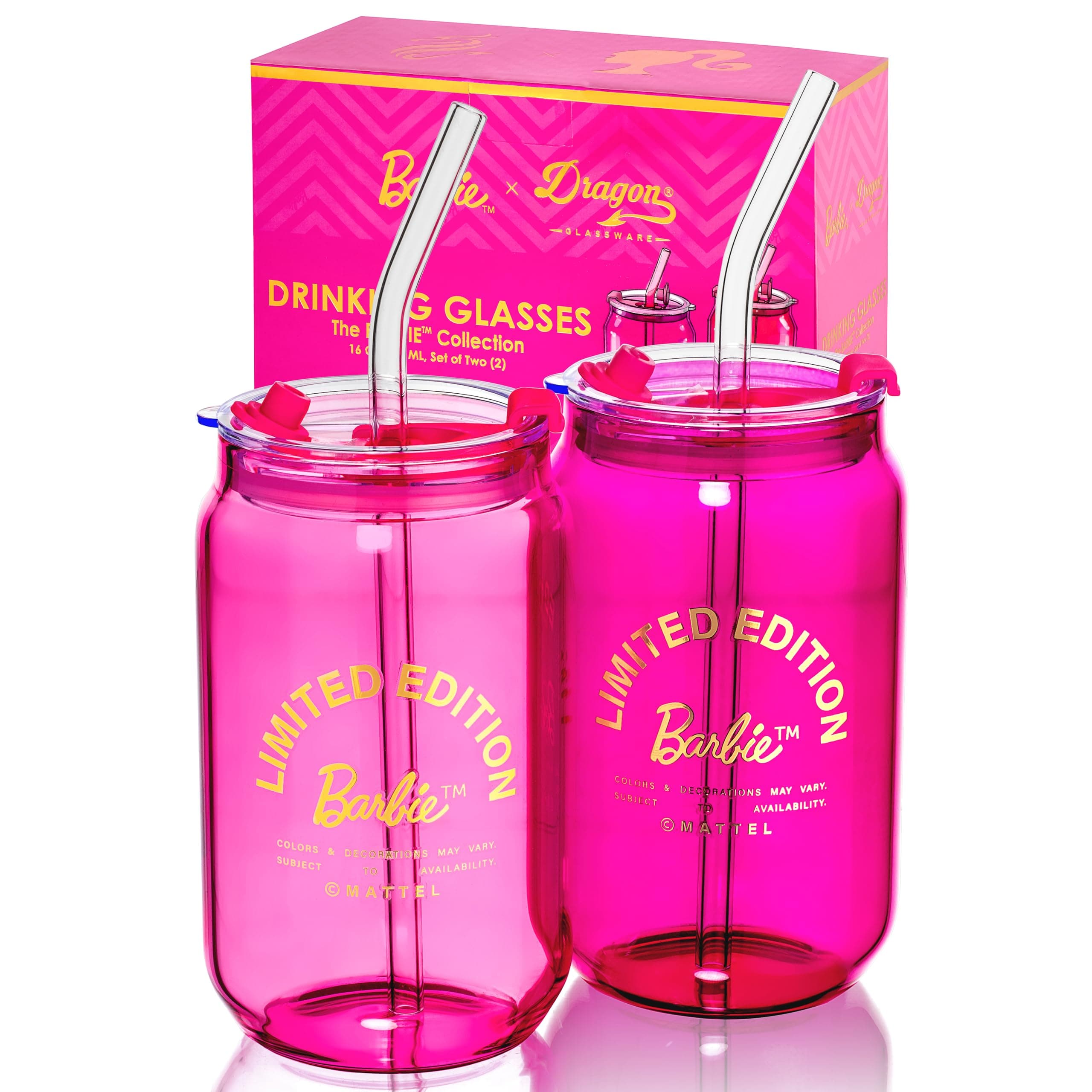 x Barbie Drinking Glasses - Pink and Magenta - 16 oz Can Shaped Glass Cups with Lids and Straws Set of 2 - Iced Coffee Cups with Lids - Glass Tumbler with Straw and Lid