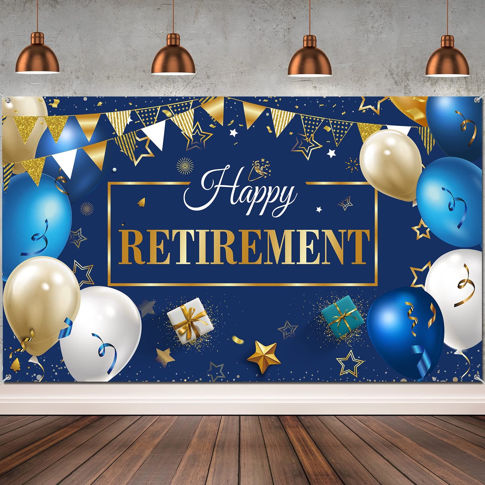 Blulu Retirement Party Decorations, Extra Large Fabric Retirement Sign Banner Photo Booth Backdrop Background with Rope for Retirement Party Favor(72.8 x 43.3 Inches,Blue and Gold)