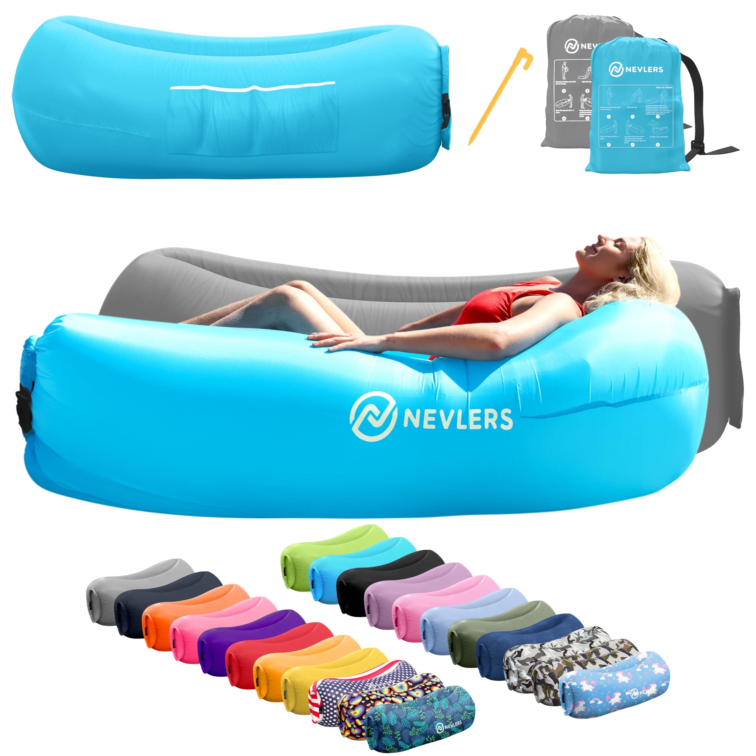 Nevlers 2 Pack Inflatable Loungers Air Sofa Couch | Perfect for Beach Chair Camping Chairs or Portable Hammock |Travel Bag Pouch, Pegs & 3 Pockets| Movie Seating & Camping Accessories Blow Up Lounger