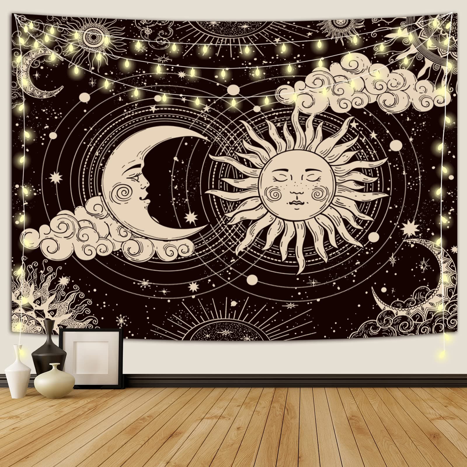 Wonrizon Sun and Moon Tapestry, Aesthetic Black Dark Spiritual Tapestries Mystic Burning Sun with Clouds Star Wall Hanging decor for Bedroom (51.2" x 59.1")