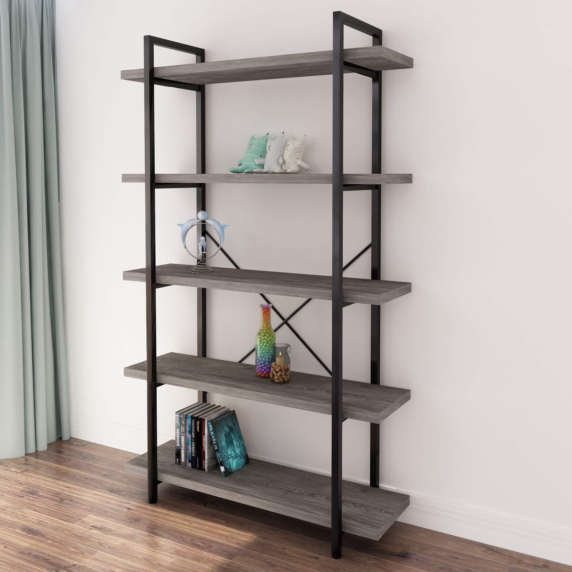 45MinST Vintage Industrial Style Bookcase in Gray Oak