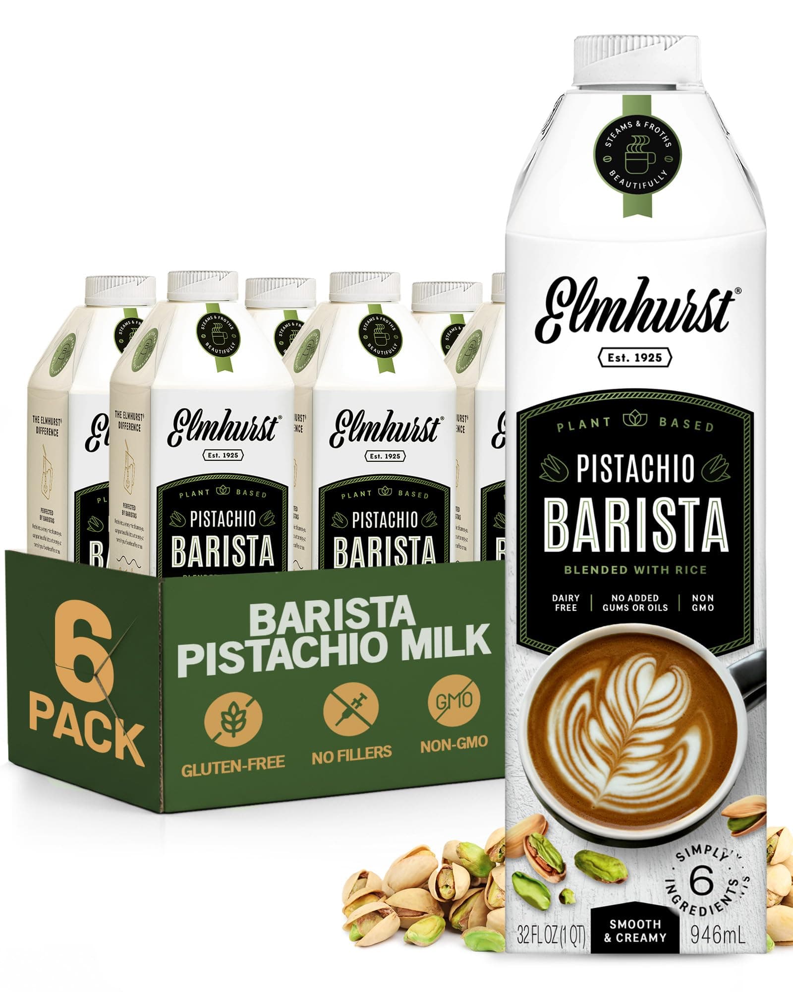 Elmhurst 1925 Pistachio Milk Barista Edition – 32 Ounce (Pack of 6) Plant-Based, Vegan, Dairy-Free, Non-GMO, Kosher, Froths for Lattes & Iced Coffee, 3g Protein per Serving, Simple Ingredients