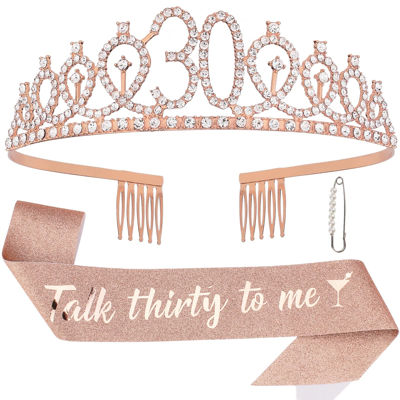 30th Birthday Sash & Tiara Kit- Happy 30th Birthday Decorations for Her 30th Gifts for Women (rose gold)