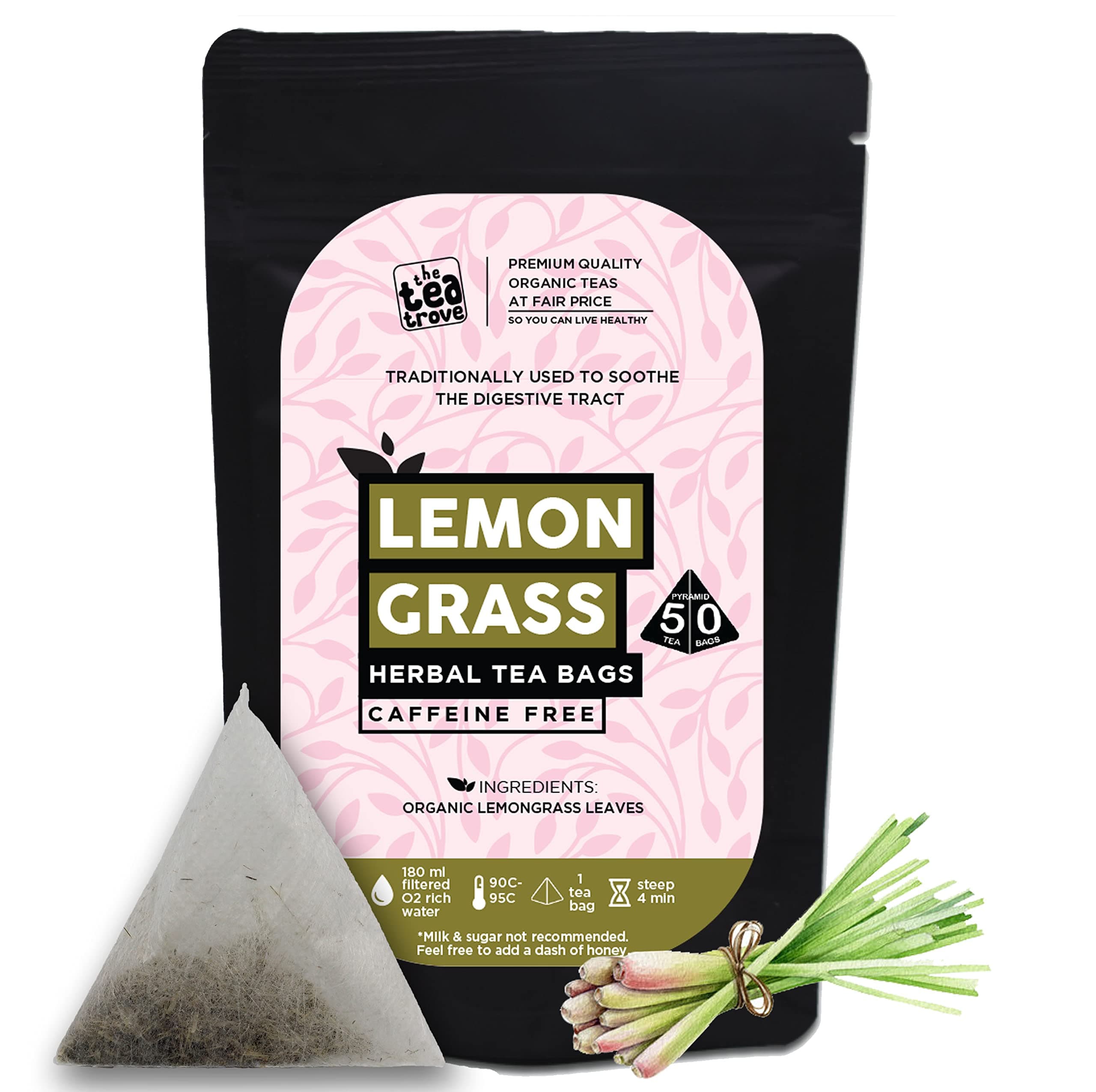 the tea trove Organic Lemon Grass Tea Bags - 50 Pyramid Dried Lemongrass Tea Bags Organic In Resealable Caffeine Free Lemon Grass Leaves - Pack Of1,60g