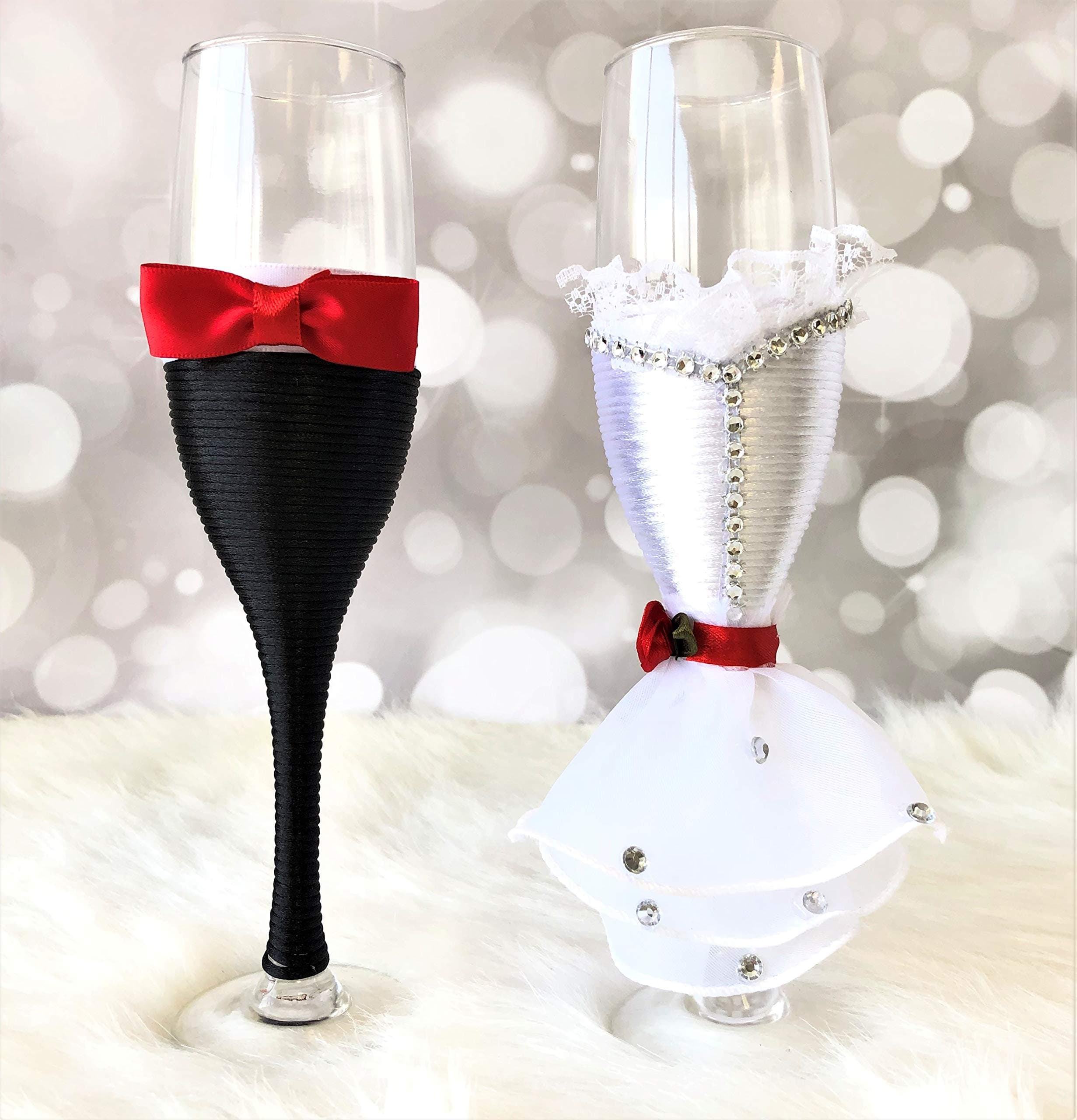 Abbie HomeBride and Groom Wedding Champagne Flute in Black and White - Party Reception CelebretionLace Champagne Tosting Glasses with Dress Bow Red Rose and Rhinestone (Glass Set)