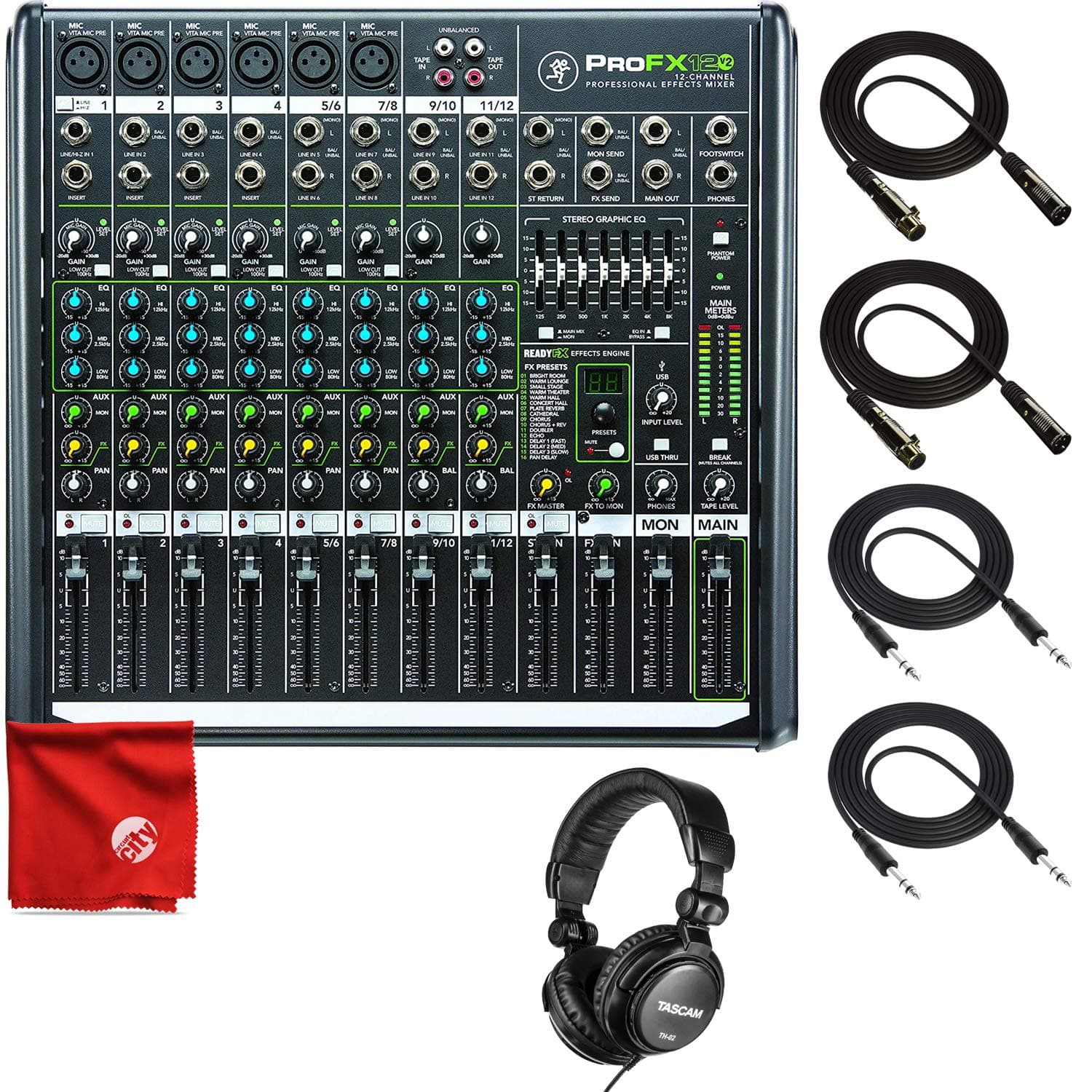 Mackie PROFX12V2 12-Channel Mixer with USB and Effects Bundle Including Tascam TH-01 Headphones + 2X TRS Cables + 2X XLR Cables + Microfiber Cleaning Cloth
