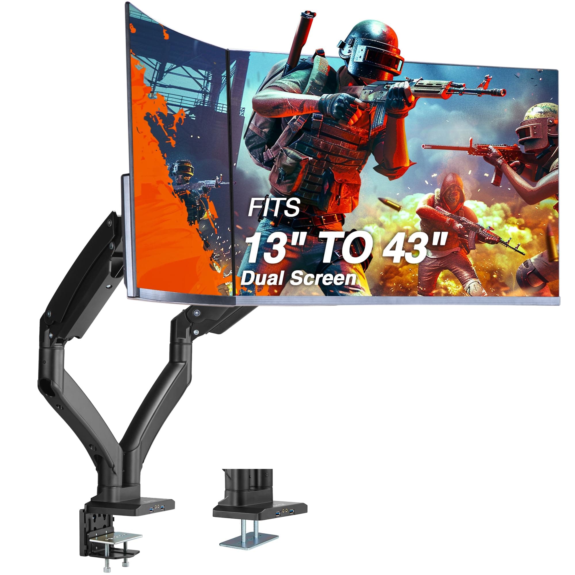 AVLT Dual Monitor Arm Desk Mount for 13"–43" Flat/Curved Screens with USB-A Pass-Through, Full Motion Height Adjustable Swivel Tilt Rotation VESA/C-Clamp/Grommet/Cable Management, Black