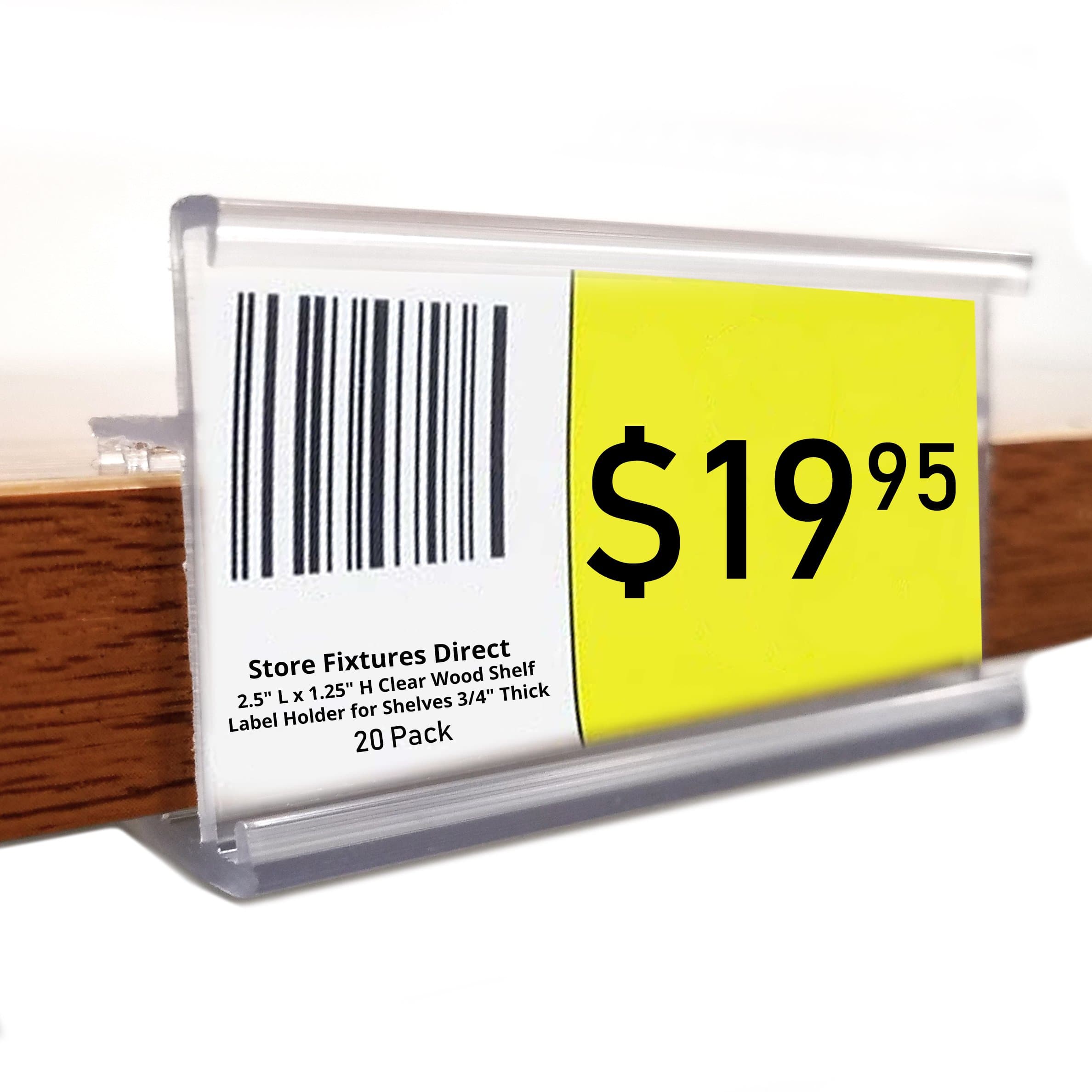 2.5" L x 1.25" H Clear Wood Shelf Label Holder, Clips & Grips On to Shelves 3/4" Thick - 20 Pack