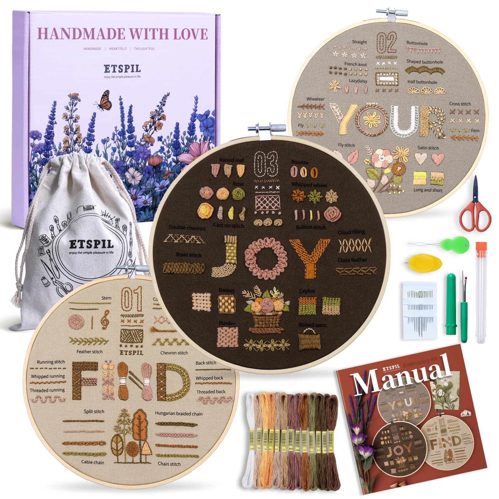 - ETSPIL Find Your Joy Beginner Embroidery Kit,3 Pack DIY Starter Kits for Adults with 42 Stitch, Stamped Patterns, Floral Designs, Embroidery Hoop, Colorful Floss, Video Tutorials, and Storage Bag