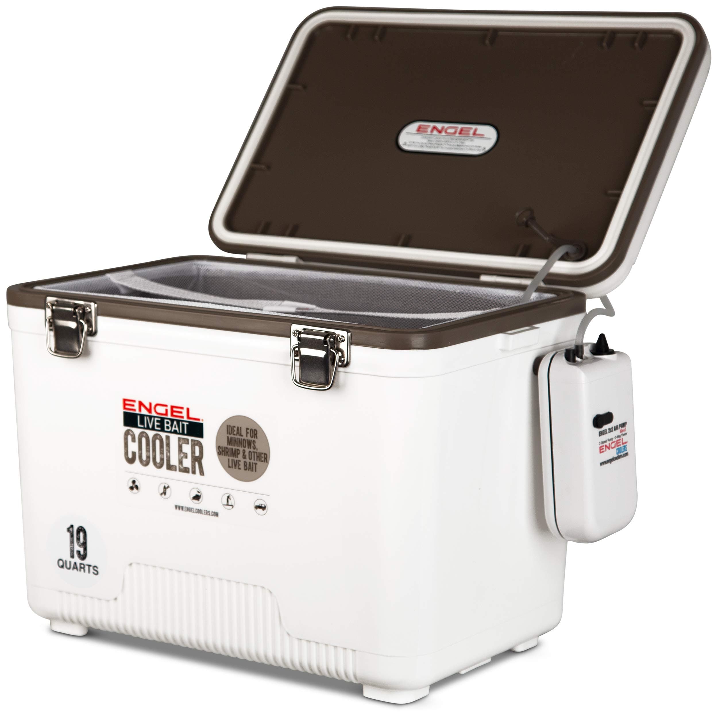 Engel 13qt Live Bait Cooler Box with 2nd Gen 2-Speed Aerator Pump - Portable Fishing Station & Minnow Bucket for Shrimp & Other Live Fish with Aerator - ENGLBC13-N in White