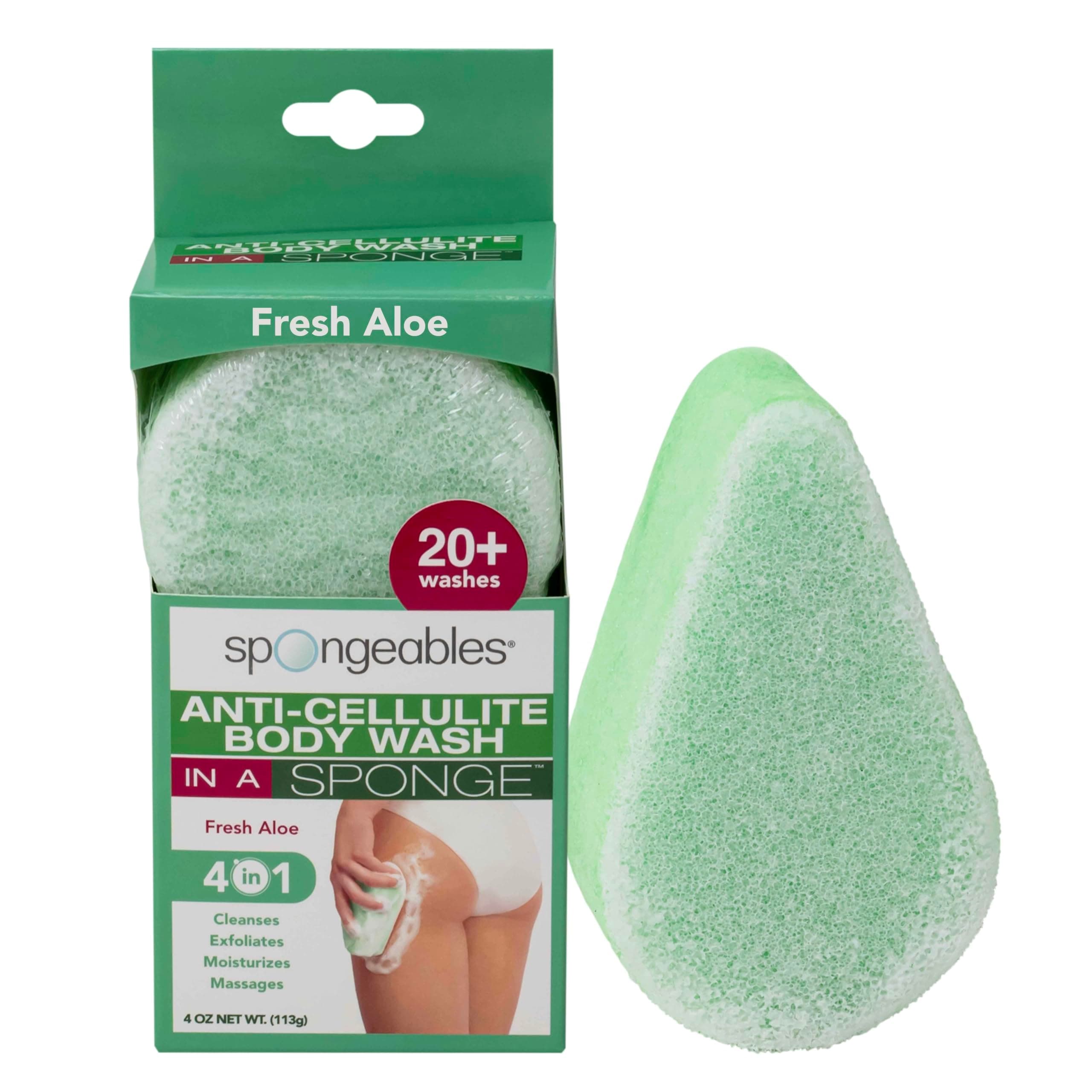 Anti-Cellulite Body Wash in a Sponge, Fresh Aloe Scent, Spa Cellulite Massager, Moisturizer and Exfoliator, 20 Washes, 4 oz Sponge, Pack of 1