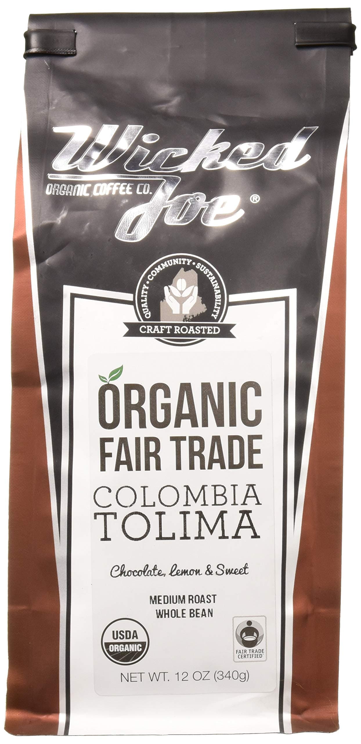 Wicked Joe Organic Coffee Colombia, Whole Bean, 12 Ounce