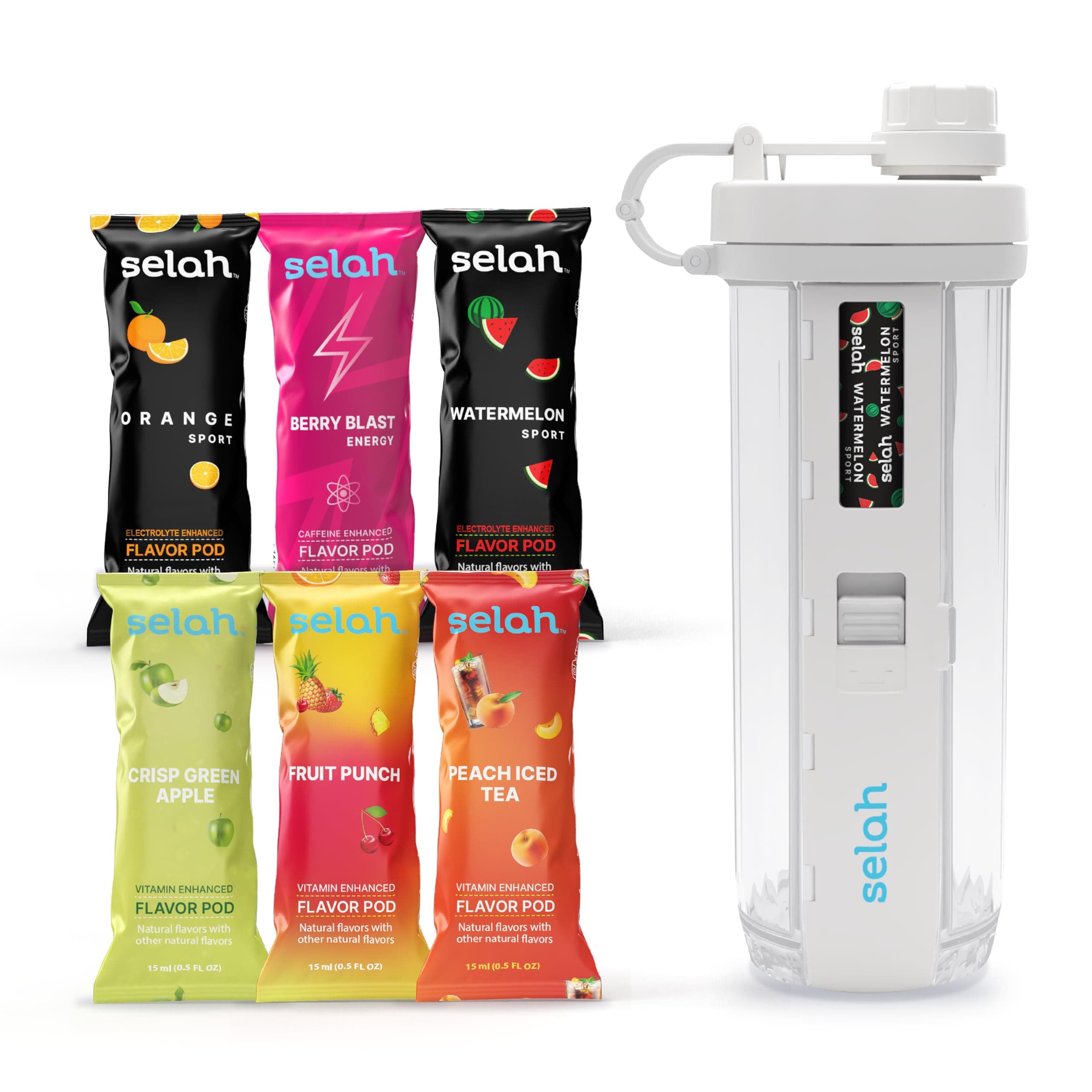 Selah Water Bottle with Flavour, Water Enhancer, Sugar-Free, Vitamin Soaked Water, 600 ml Water Bottle with Included Flavour Capsules, Energy Drink, Strawberry and Pods