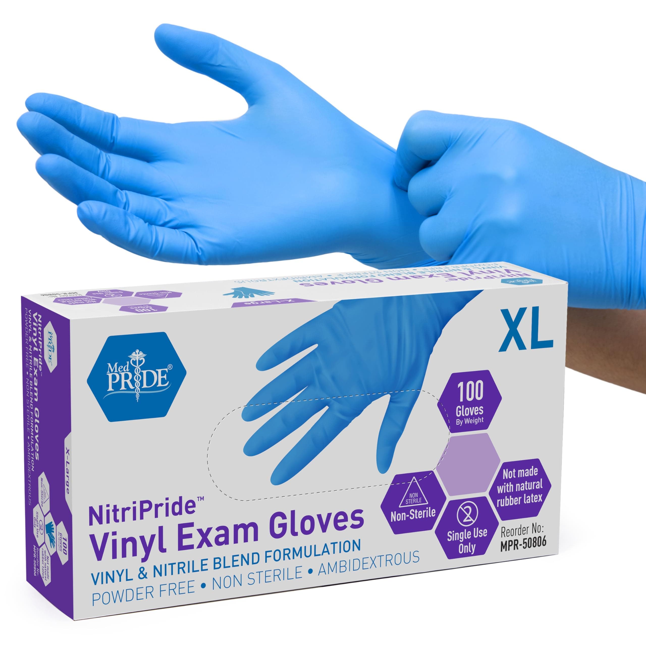 Nitrile/Vinyl Blend Exam Gloves, Powder-Free, Latex-Free, Disposable, Non-Sterile, Blue, X-Large (Box of 100)