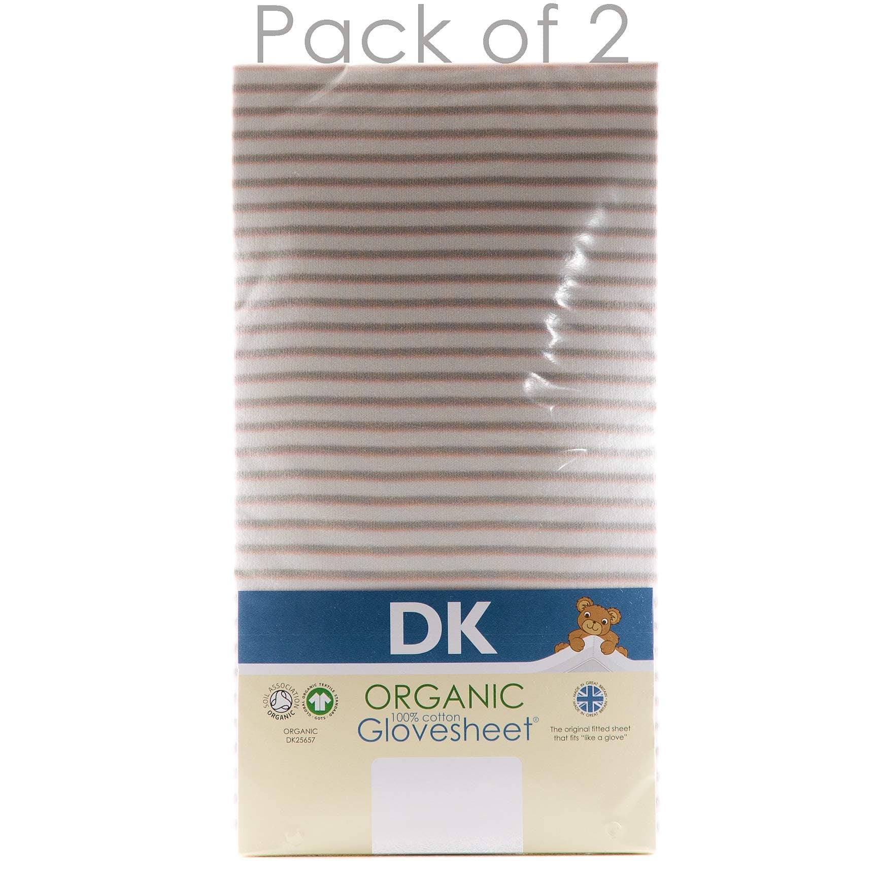 Pack of 2, 100% Organic Cotton, 83x50cm Fitted Sheets. DK Glovesheets. Bedside Crib Size, to fit Next2Me*, Lullago*, and Similar Sized mattreses. Limited Editions (Pink Grey White Stripe)