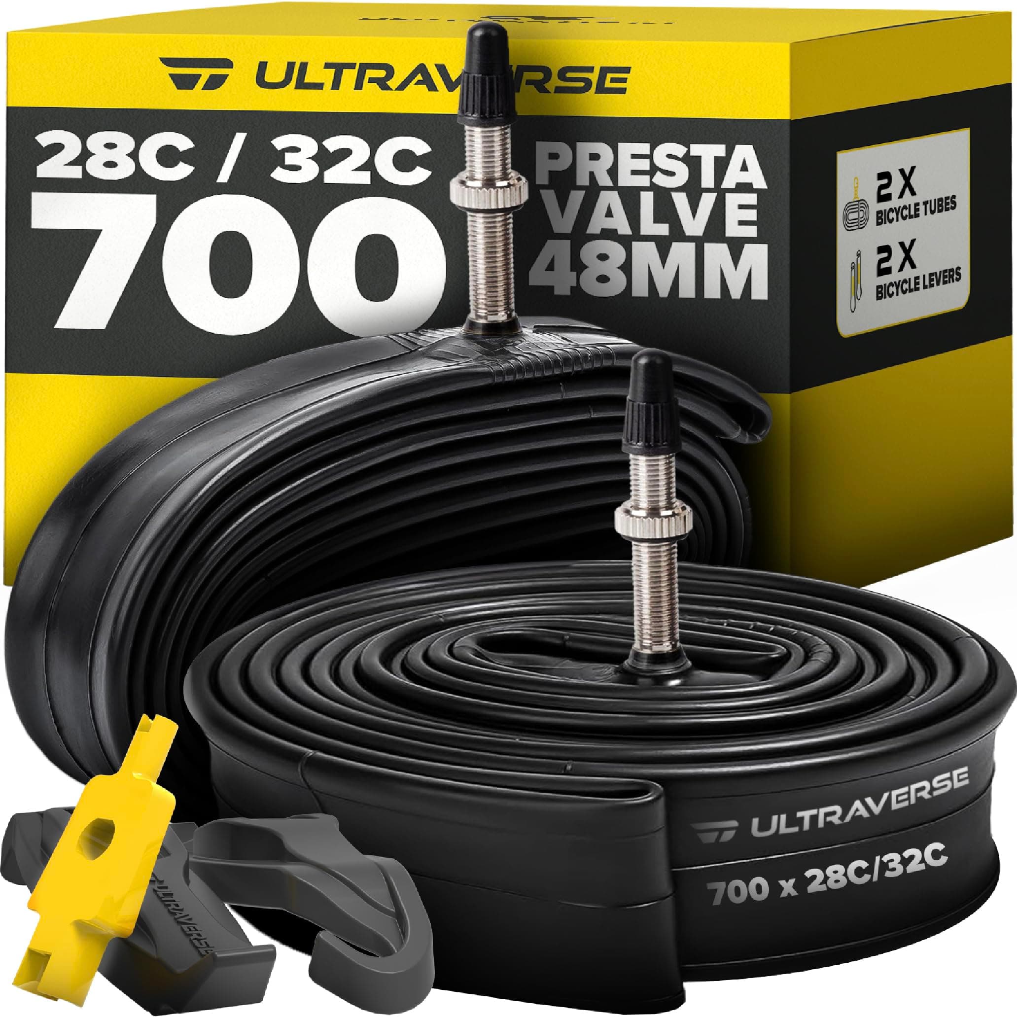 Bike Inner Tube for 700x23-25c, 700x28-32c, 700x35-43c 28 inch Bicycle Wheel Sizes with 48mm Presta Valve - Butyl Rubber Tubes for Road and Gravel Bikes - 2 Tubes, 2 tire levers Included