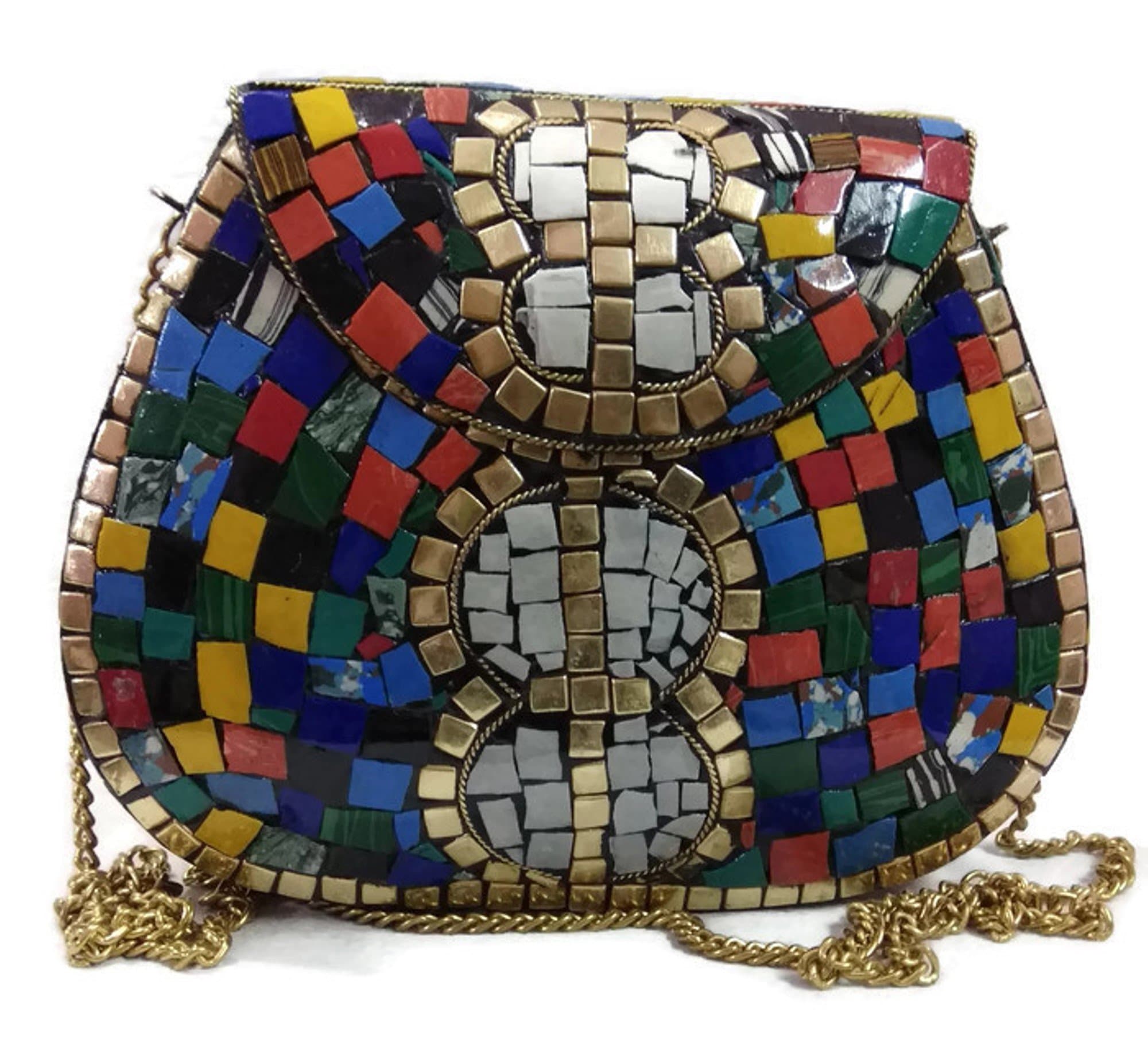 Trend Overseas Multi color mosaic bag stone Clutch Ethnic Metal box bridal wallet vintage bags