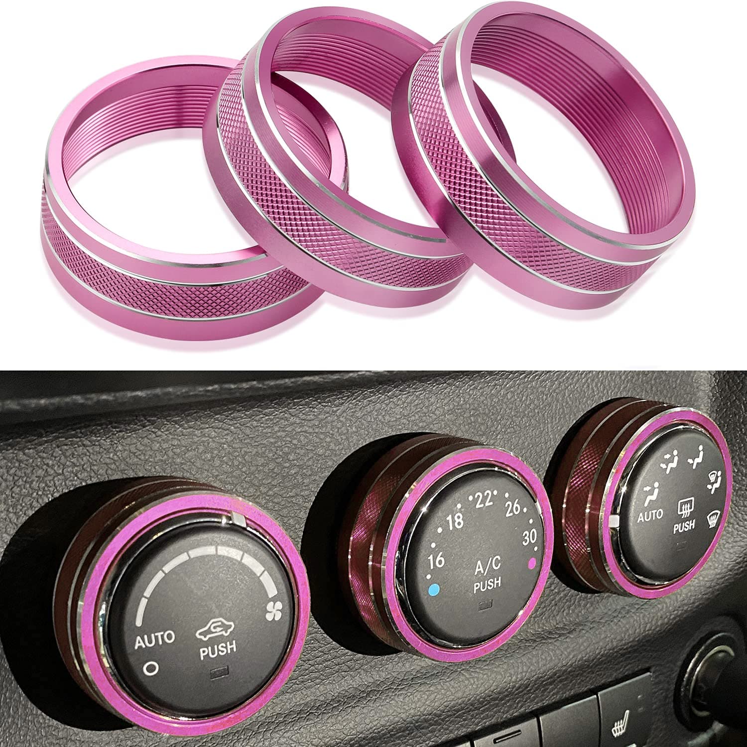 AC Climate Control Knob Ring Air Conditioner Switch Volume Cover Compatible with 2011-2018 Jeep Wrangler JK JKU/Dodge Challenger 2008-2014 Interior Conditioning Accessories Trim (3pcs/Set, Pink)