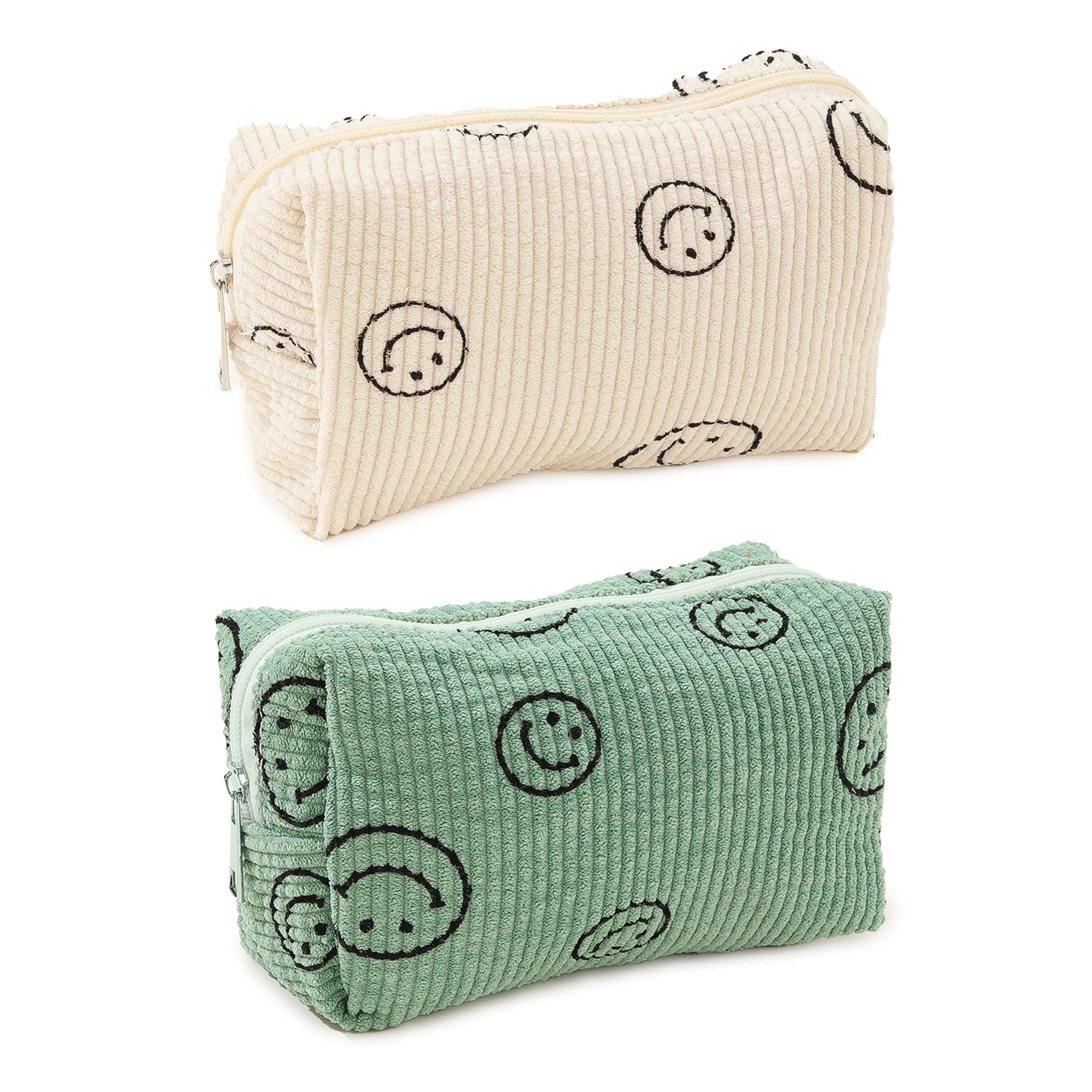 2pcs Corduroy Cosmetic Bag Cute Travel Makeup Bag Smile Face Makeup Zipper Pouch Travel Toiletry Bag for Women Aesthetic Makeup Brushes Storage Bag Organizer - 25x18cm (A)