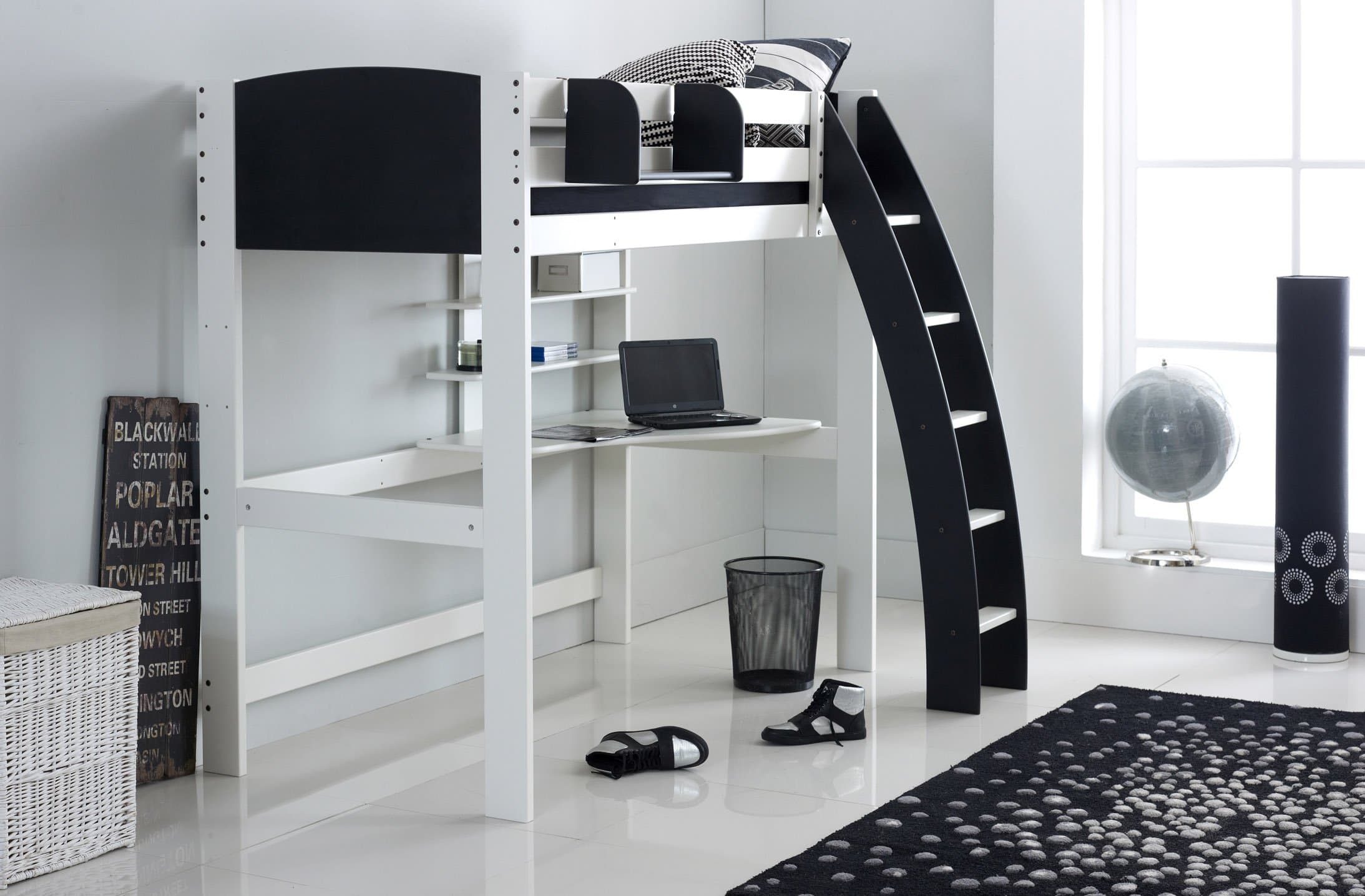 Scallywag Kids High Sleeper Bed - White/Black - Curved Ladder - Integral Desk & Shelves. Made In The UK.