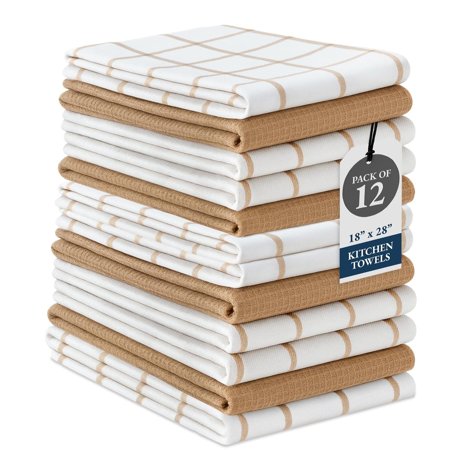LANE LINEN Kitchen Towels Set – Pack of 12 Dish Cloths, 100% Cotton Absorbent Tea Towels 18” x 28” Quick-Drying & Soft Cleaning Kitchen Towel - Beige