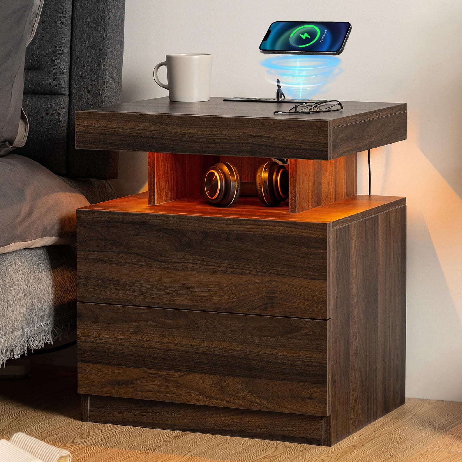 HOMMPA LED Nightstand with Wireless Charging Station & USB Ports, Modern Bedside Table, Dark Walnut Wood Night Stand with Open Shelf, Smart Nightstand High Gloss Surface for Bedroom
