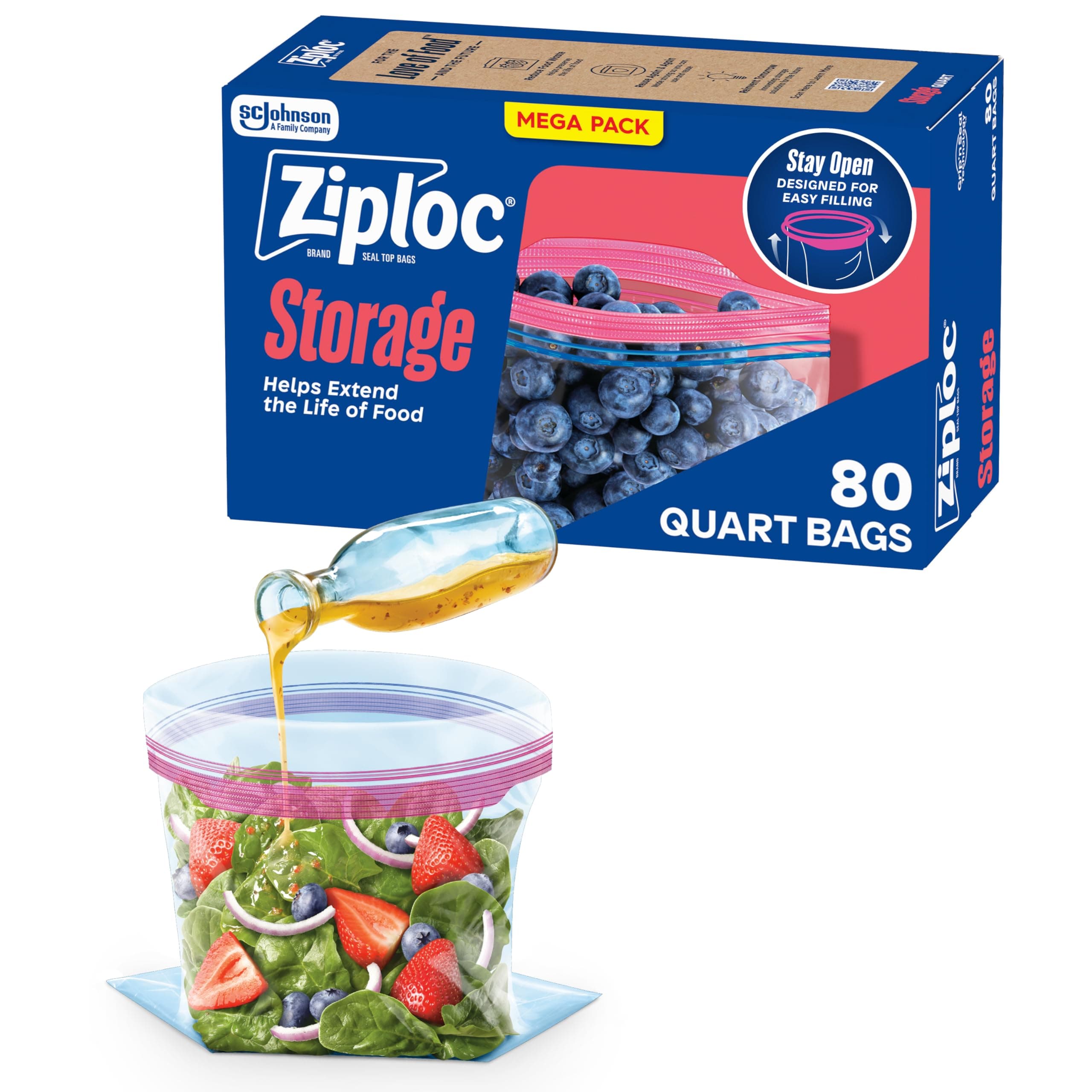 Ziploc Quart Food Storage Bags, Grip 'n Seal Technology for Easier Grip, Open, and Close, 80 Count