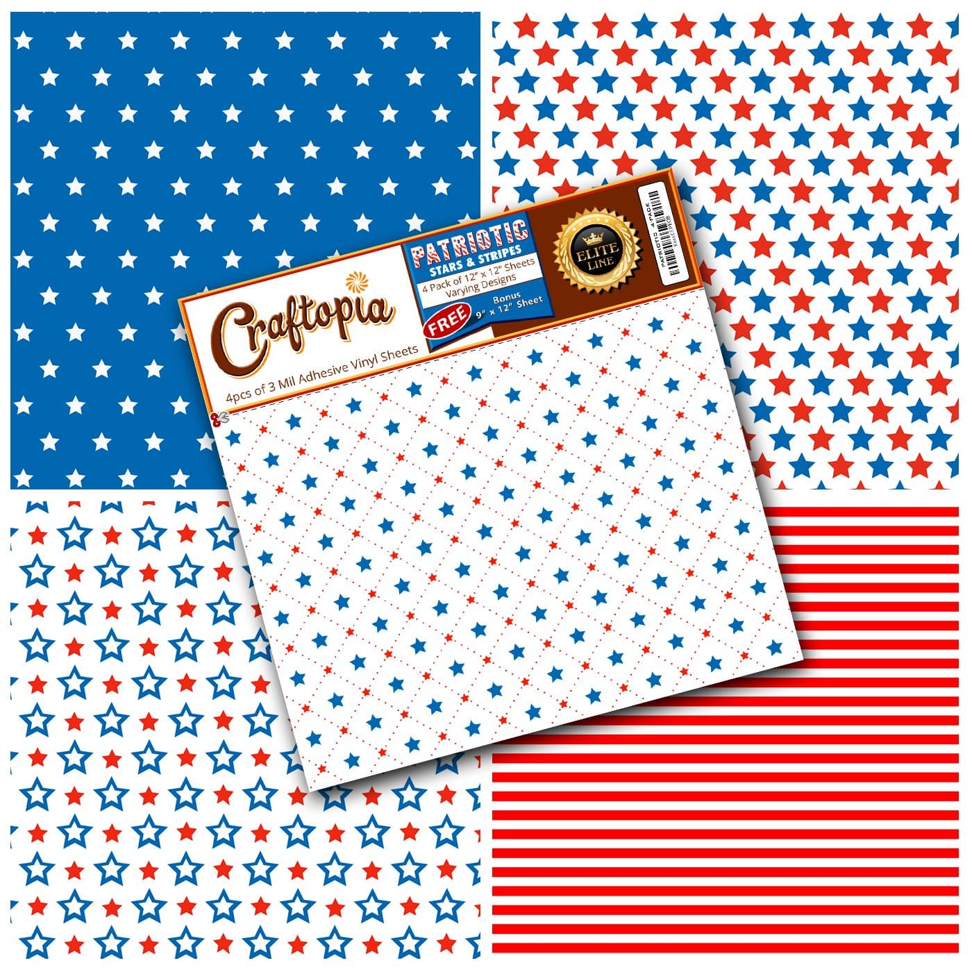 Patriotic Pattern Vinyl Sheets 4th of July Prints 4+1 Pack | USA American Flag Stars & Stripes Red White Blue Printed Pattern for Cricut Silhouette Cameo Craft Cutter | Comparable to Oracal 651