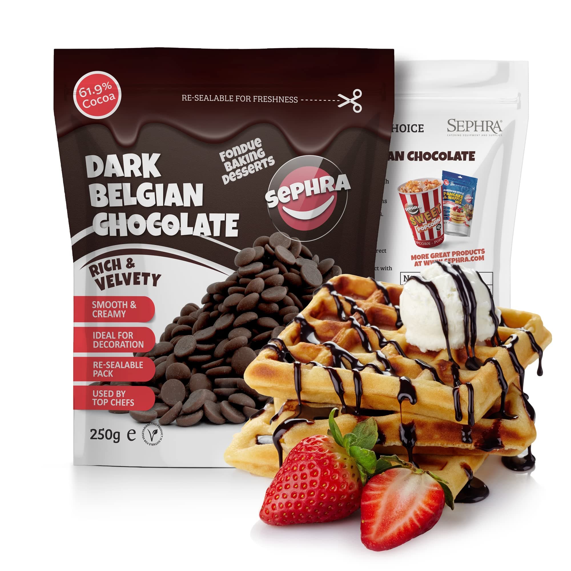 Sephra Belgian Couverture Chocolate Callets/Drops/Chips for Fountains, Melting, Baking, Fondue, Chocolate Making, Pastries and Desserts - Gluten Free and Halal (Dark, 250g)